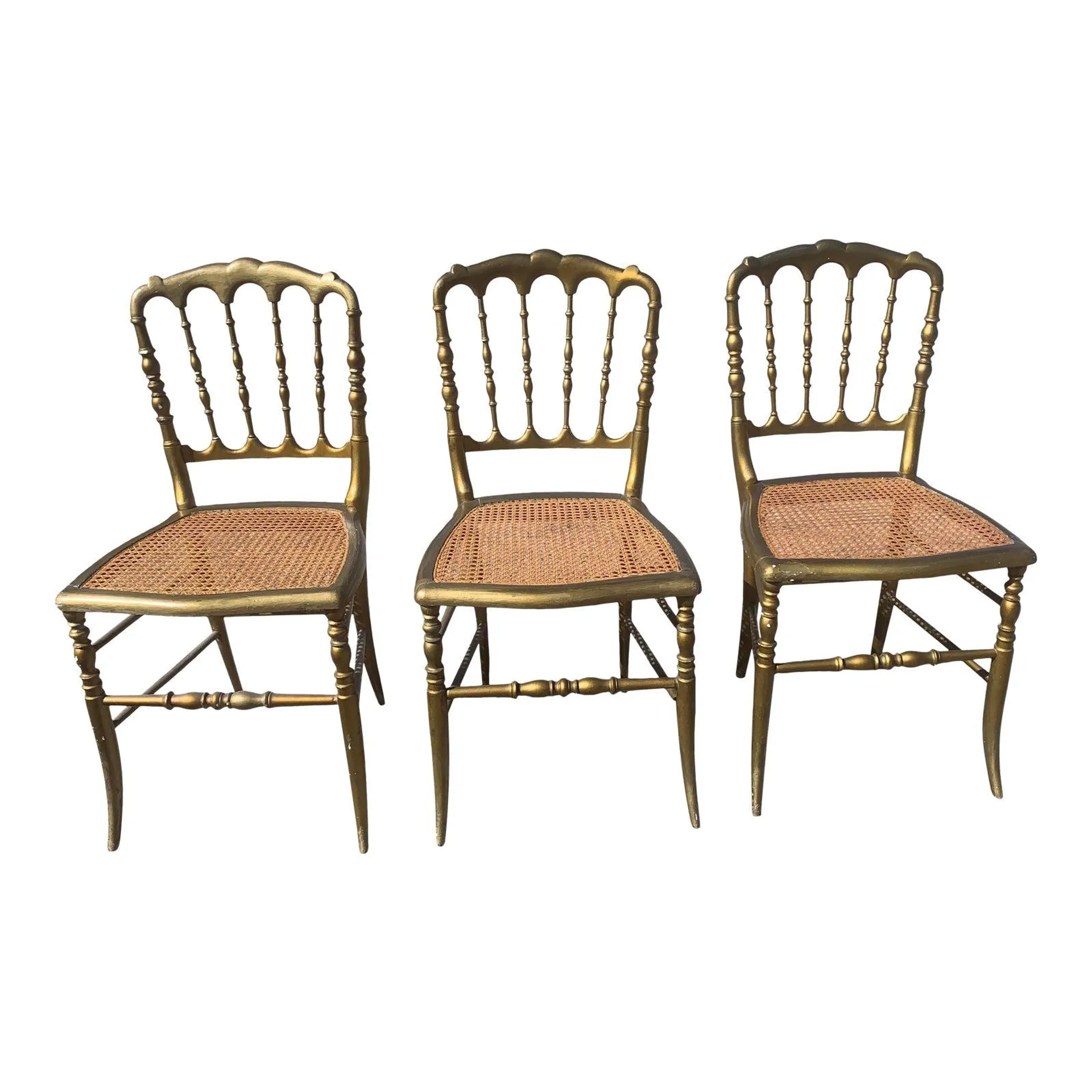 Vintage French Victorian Gilt Ballroom Side Chairs With Cane Seats -Set of 3