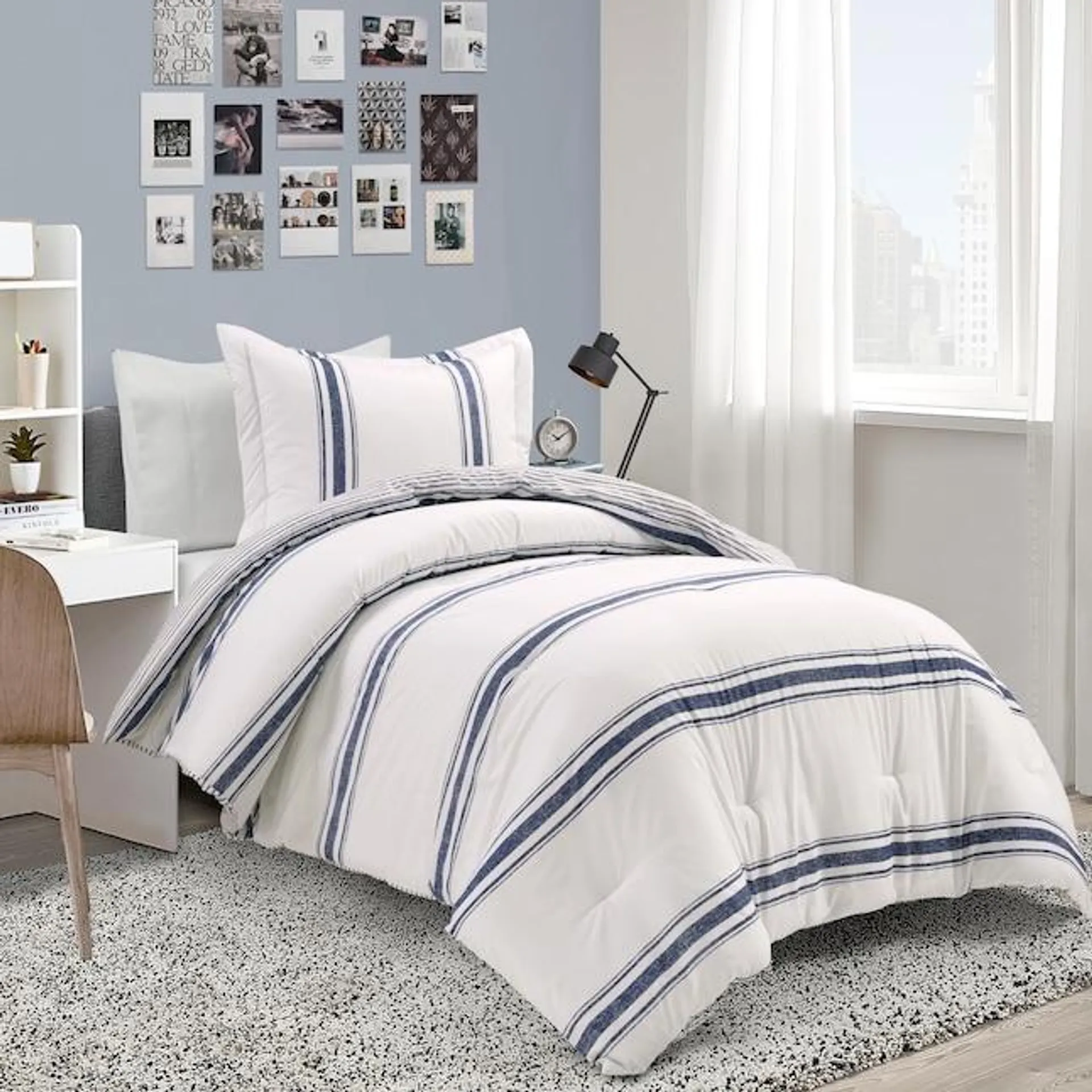 Lush Decor Navy Stripe Reversible Twin Extra Long Comforter Cotton with (Fill)