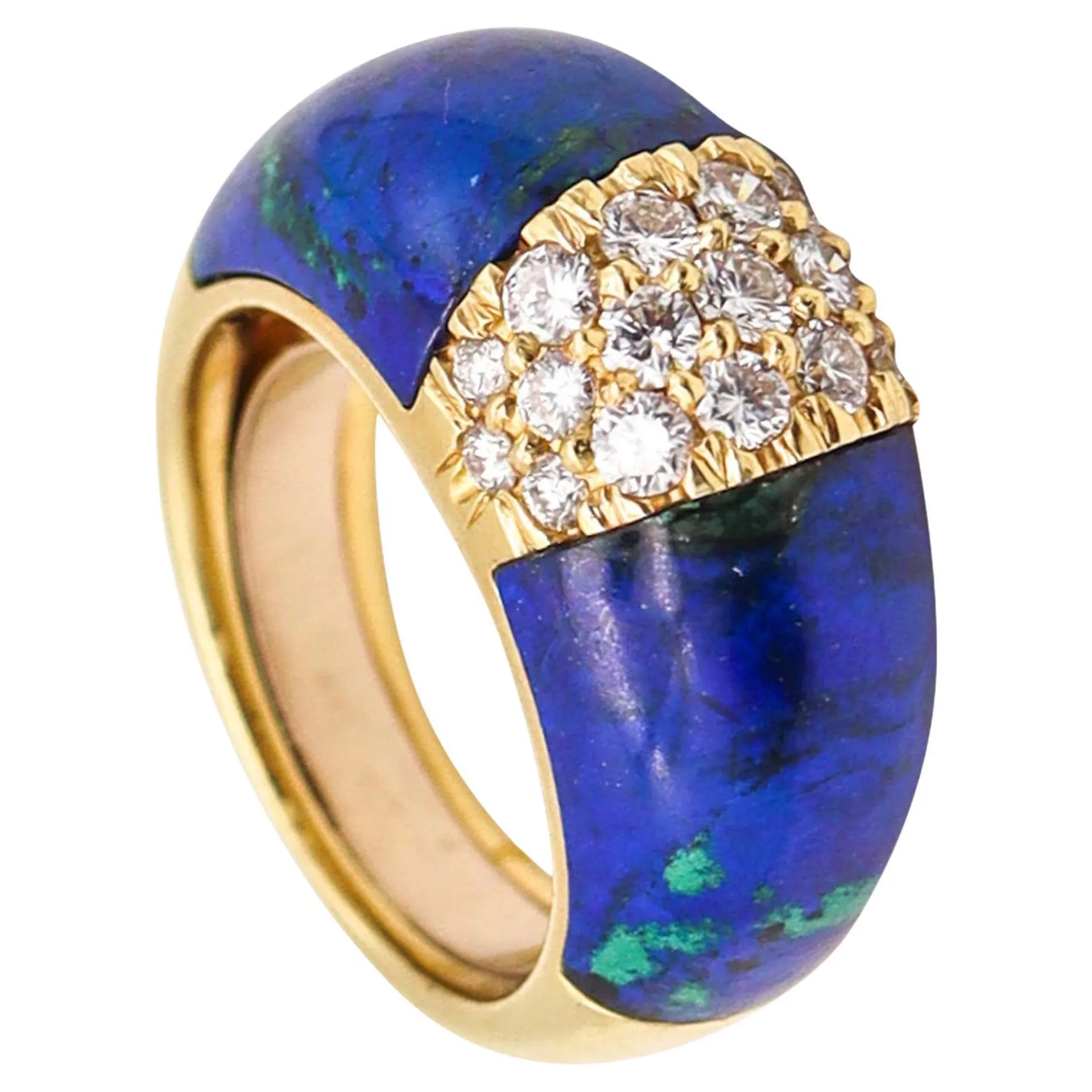 ITALIAN Modernist Azur-Malachite Domed Ring In 18Kt Gold With 1.14 Cts Diamonds