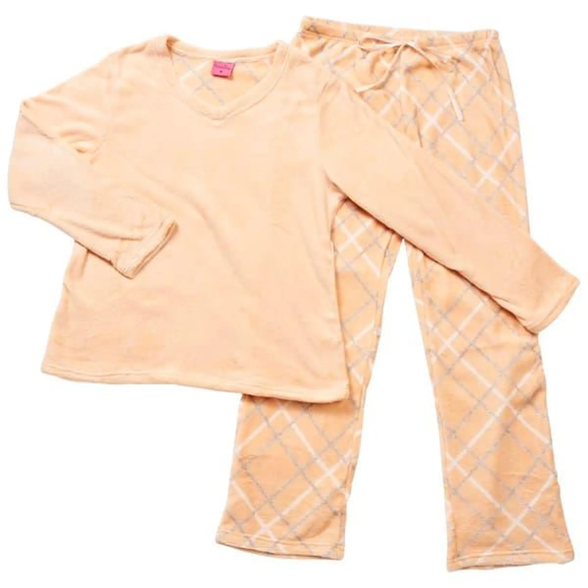 Womens Pink Laundry Folded Plaid Coral Plush Pajama Set - Peach