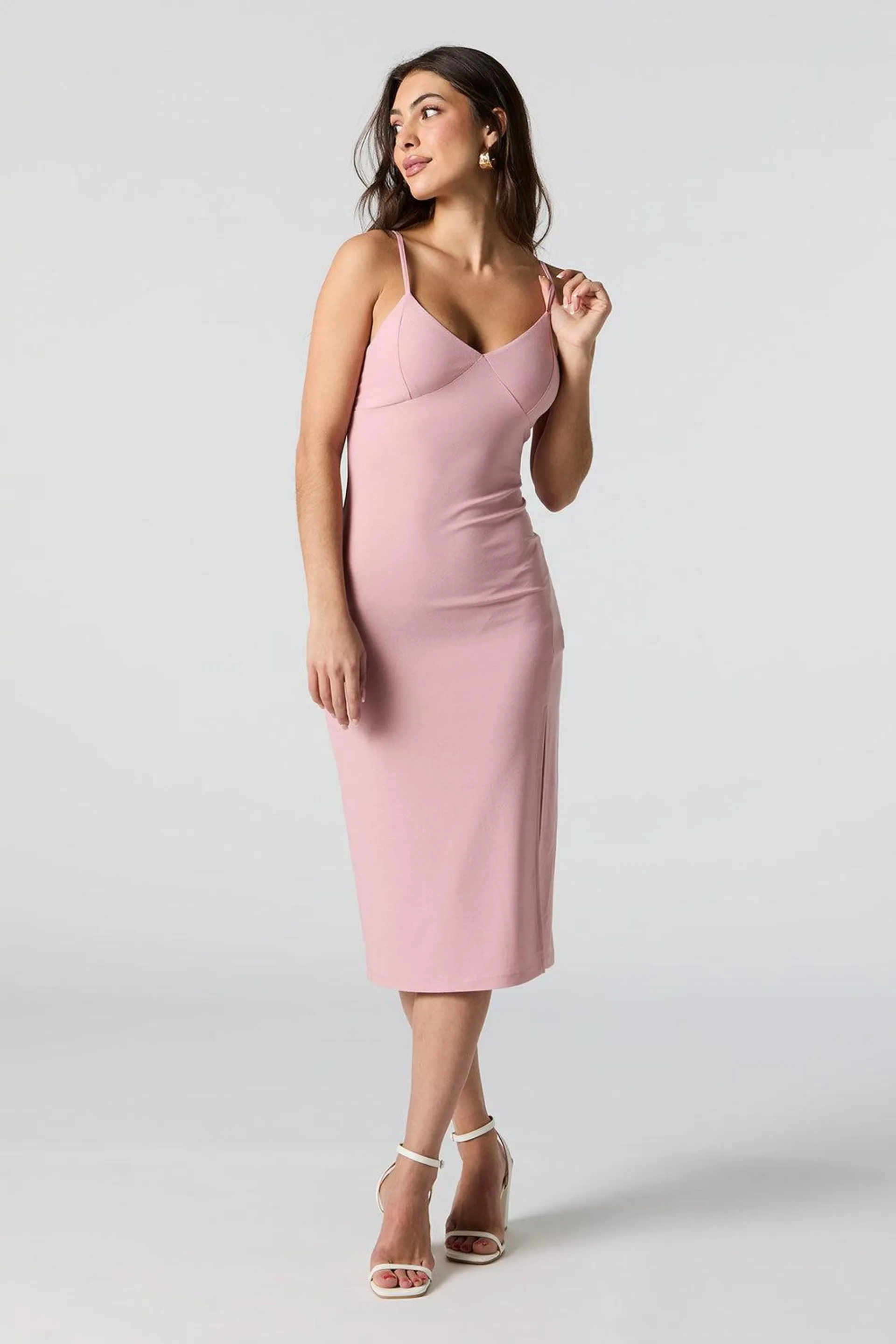 Pink Crepe V-Neck Slit Midi Dress