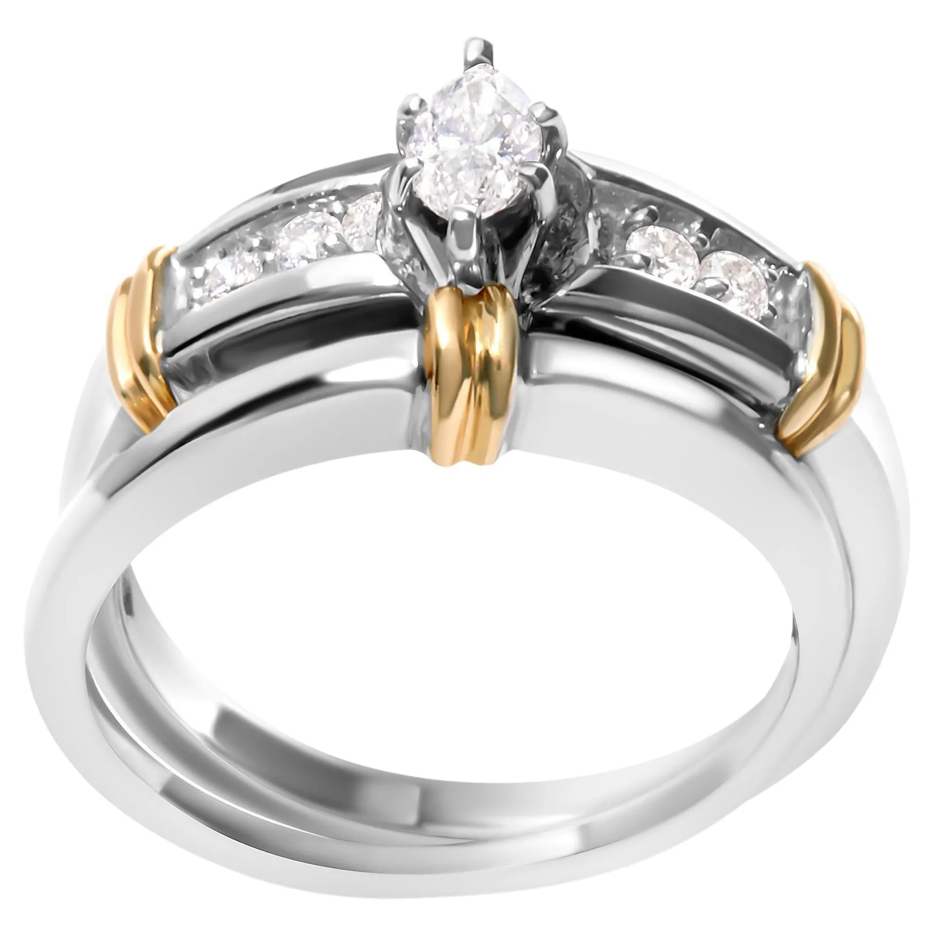 14K Yellow and White Gold 1/3 Cttw Marquise Diamond Cocktail Engagement Ring Set