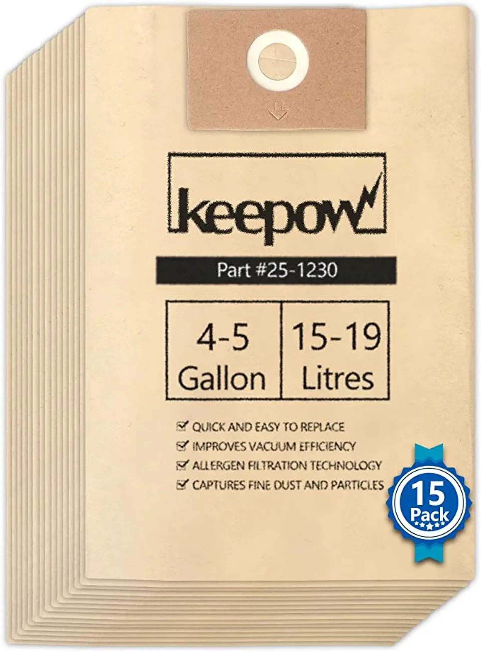 KEEPOW 25-1230 Filter Bags Compatible with Stanley 4 to 5 Gallon Vacuums SL18129, SL18130, SL18130P 15 Pack