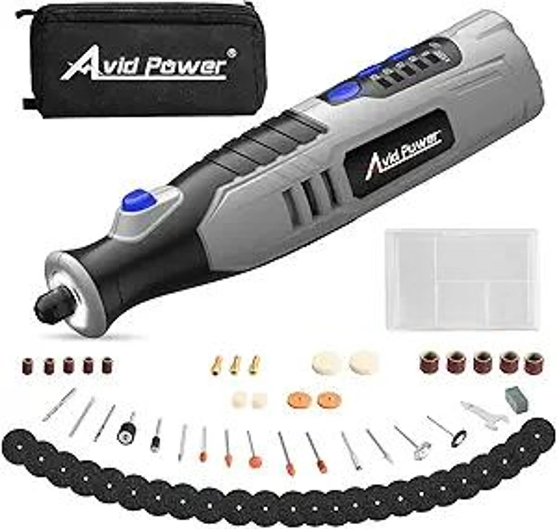 AVID POWER Cordless Rotary Tool 2.0 Ah 8V Rechargeable Rotary Tool, 4 Front LED Lights, 5 Speeds, 60 Pcs Rotary Tool Accessories with Bag for Carving, Engraving, Sanding, Polishing and Cutting - Grey