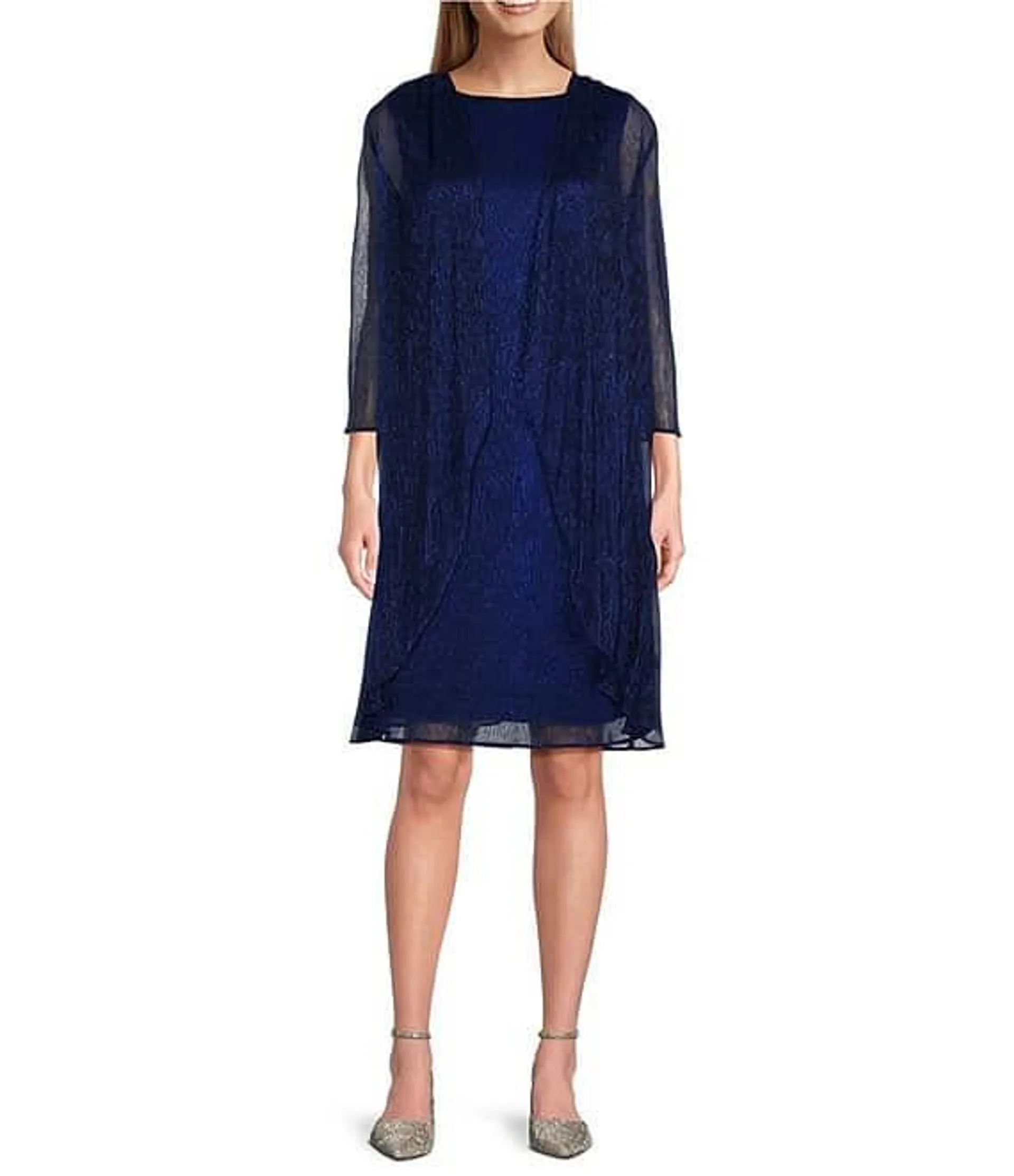 Metallic Fortuny Round Neck 3/4 Sleeve Cascade Duster 2-Piece Jacket Dress