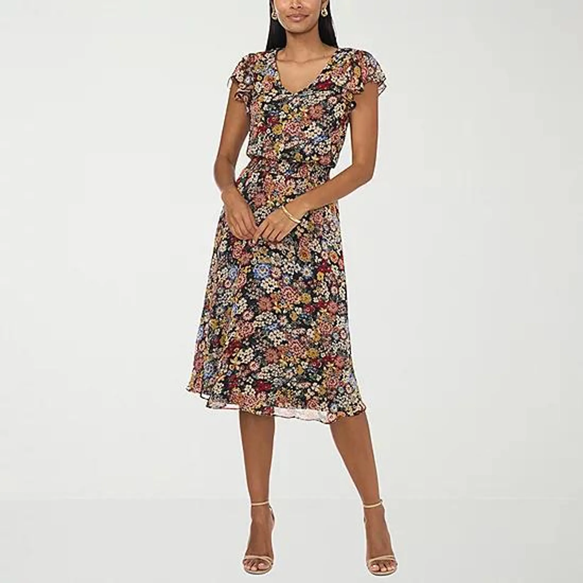 MSK Short Sleeve Floral Midi Fit + Flare Dress