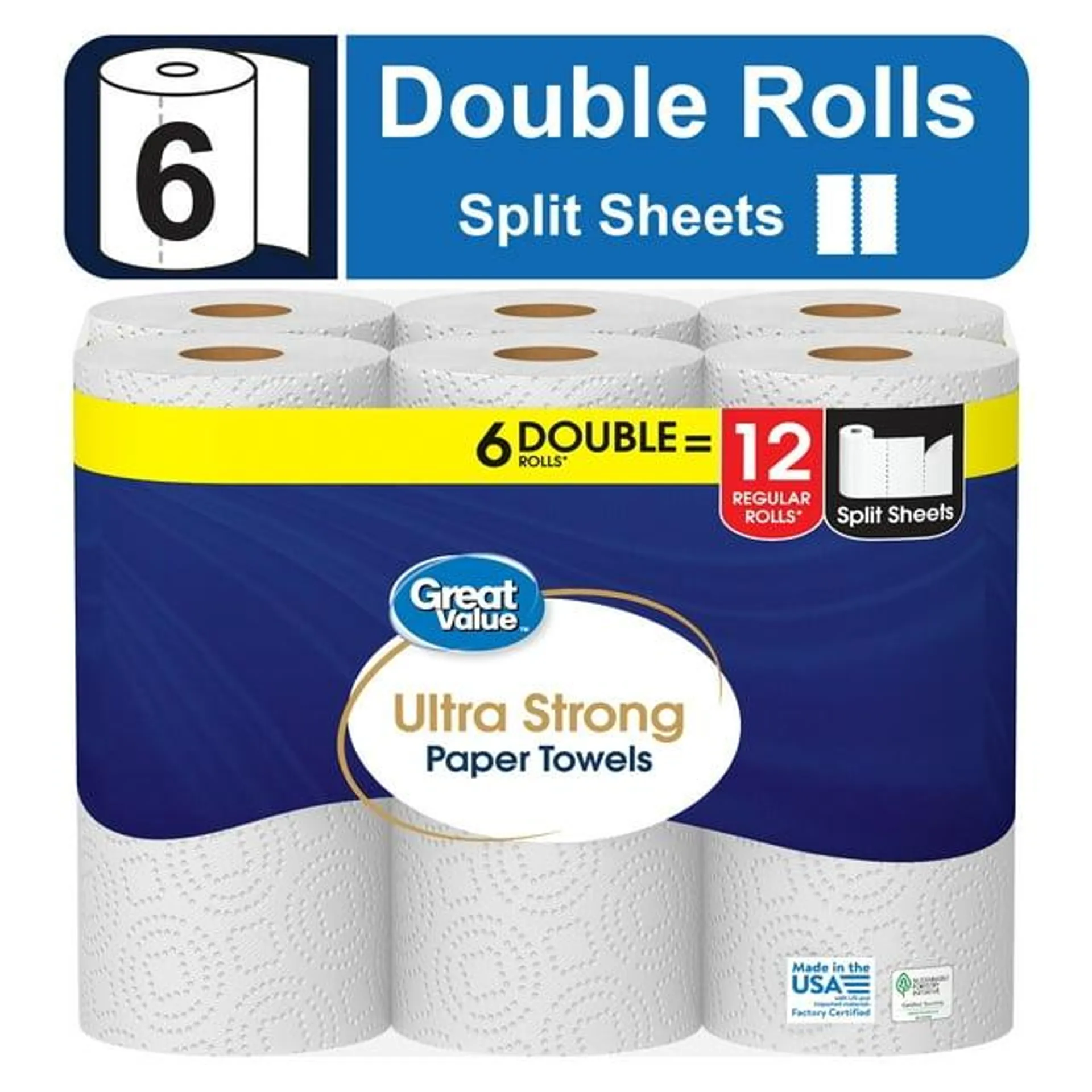 Great Value Ultra Strong Paper Towels, White, 6 Double Rolls