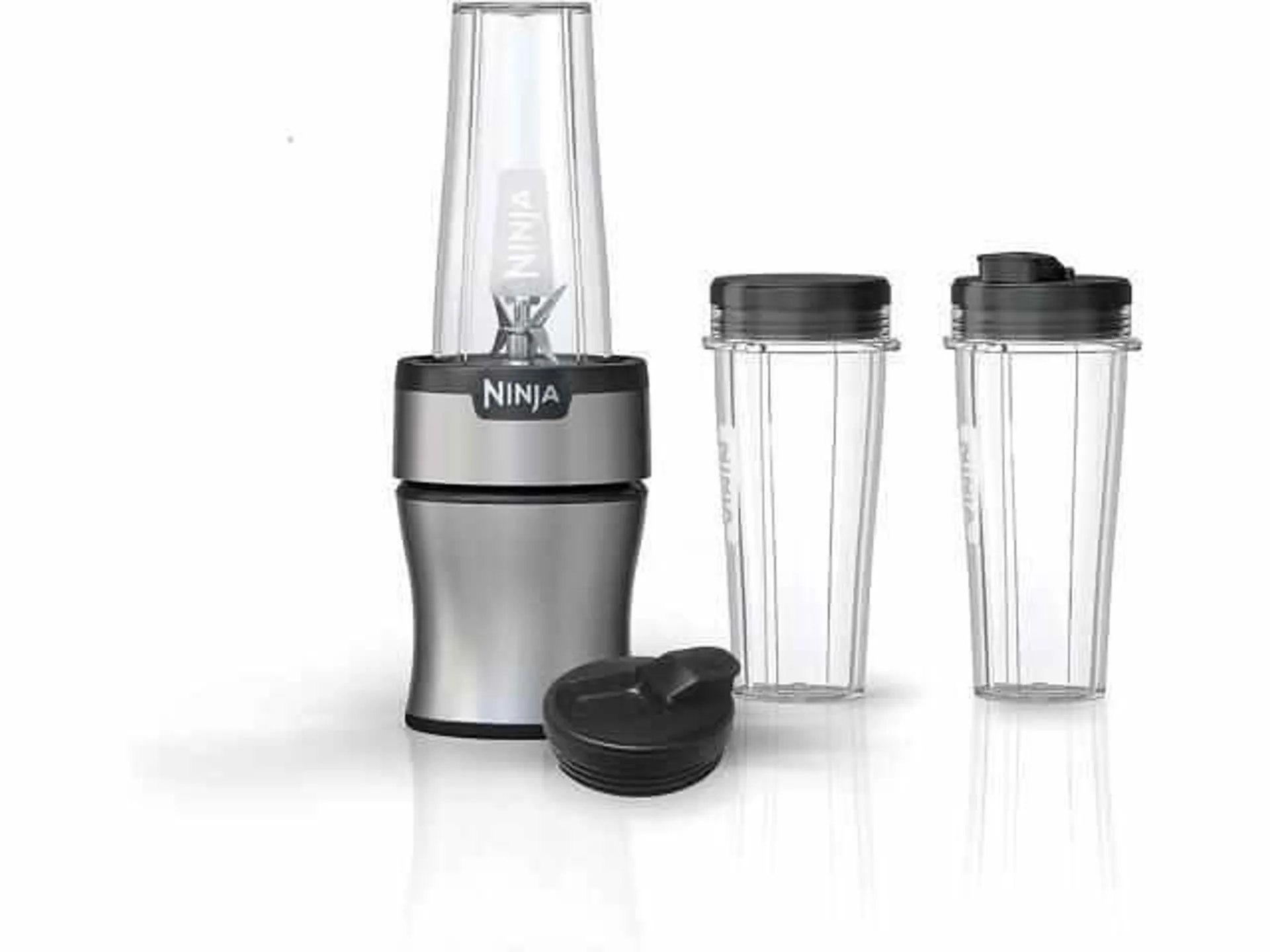 Ninja BN301 Nutri-Blender Plus Compact Personal Blender 900-Peak-Watt Motor Frozen Drinks Smoothies Sauces & More, (3) 20 oz. To-Go Cups, (2) Spout Lids & (1) Storage Lid, Dishwasher Safe, Silver