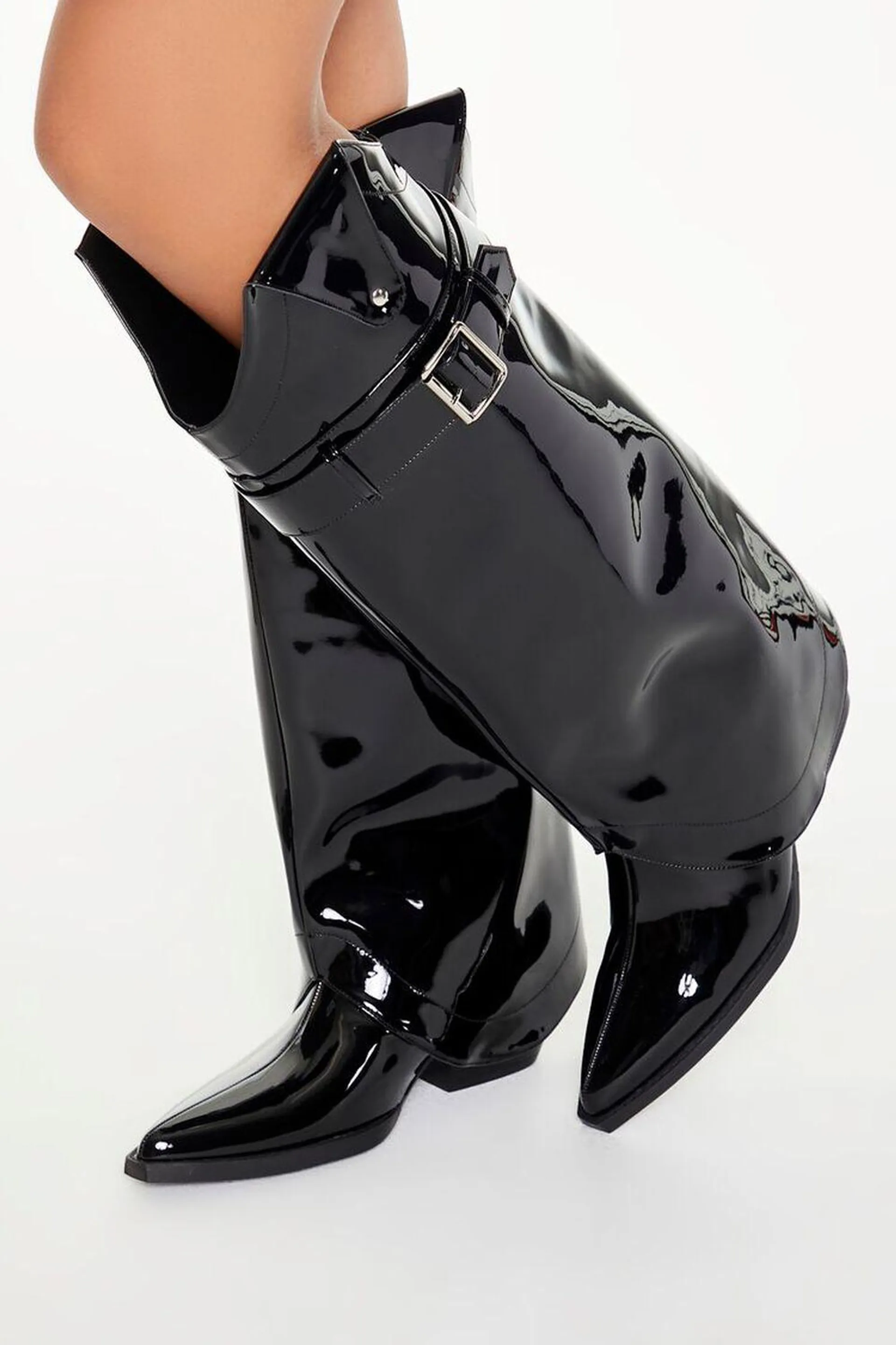 Buckled Faux Patent Leather Boots