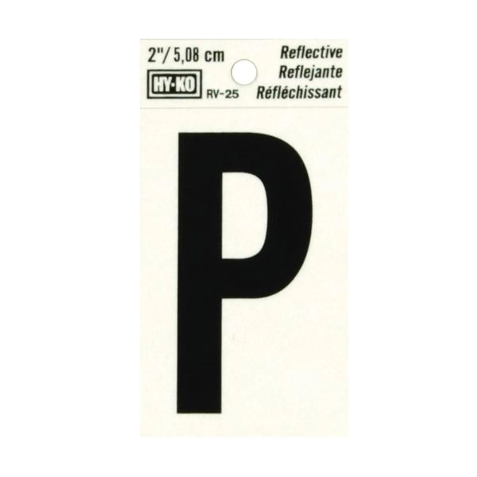 RV-25/P Reflective Letter, Character: P, 2 in H Character, Black Character, Silver Background, Vinyl