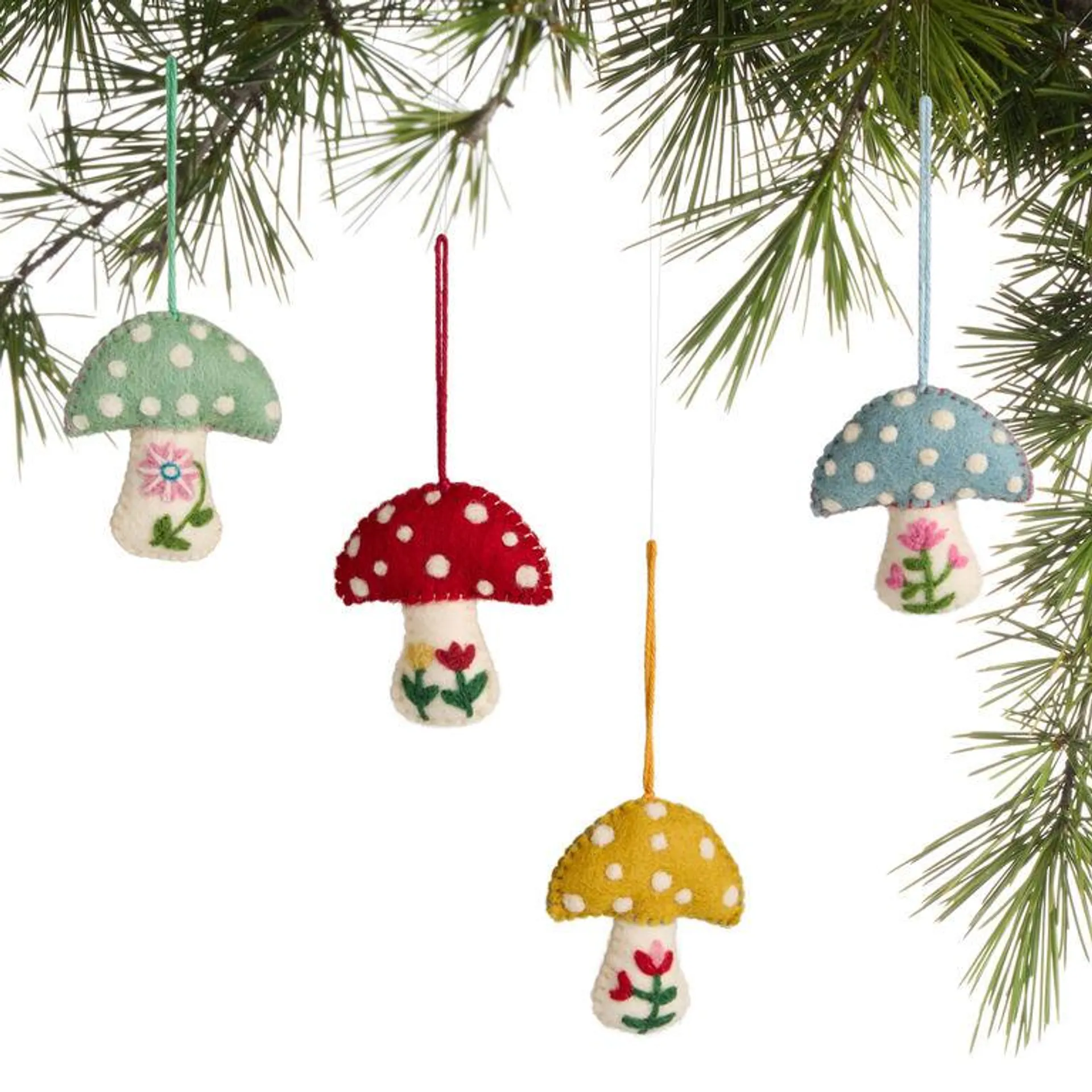 Wool Floral Flat Mushroom Ornaments Set of 4