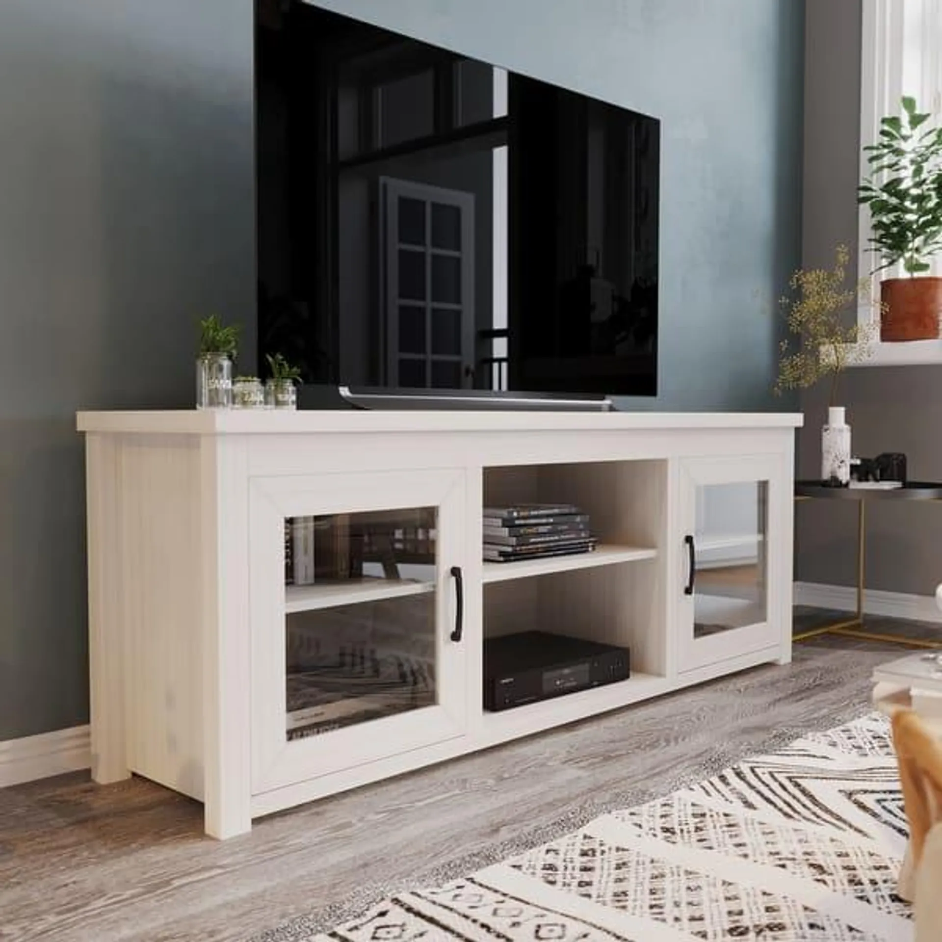 Classic TV Stand for up to 80" TVs-Glass Fronted Doors-Modern Finish - 65"W x 16"D x 23.625"H