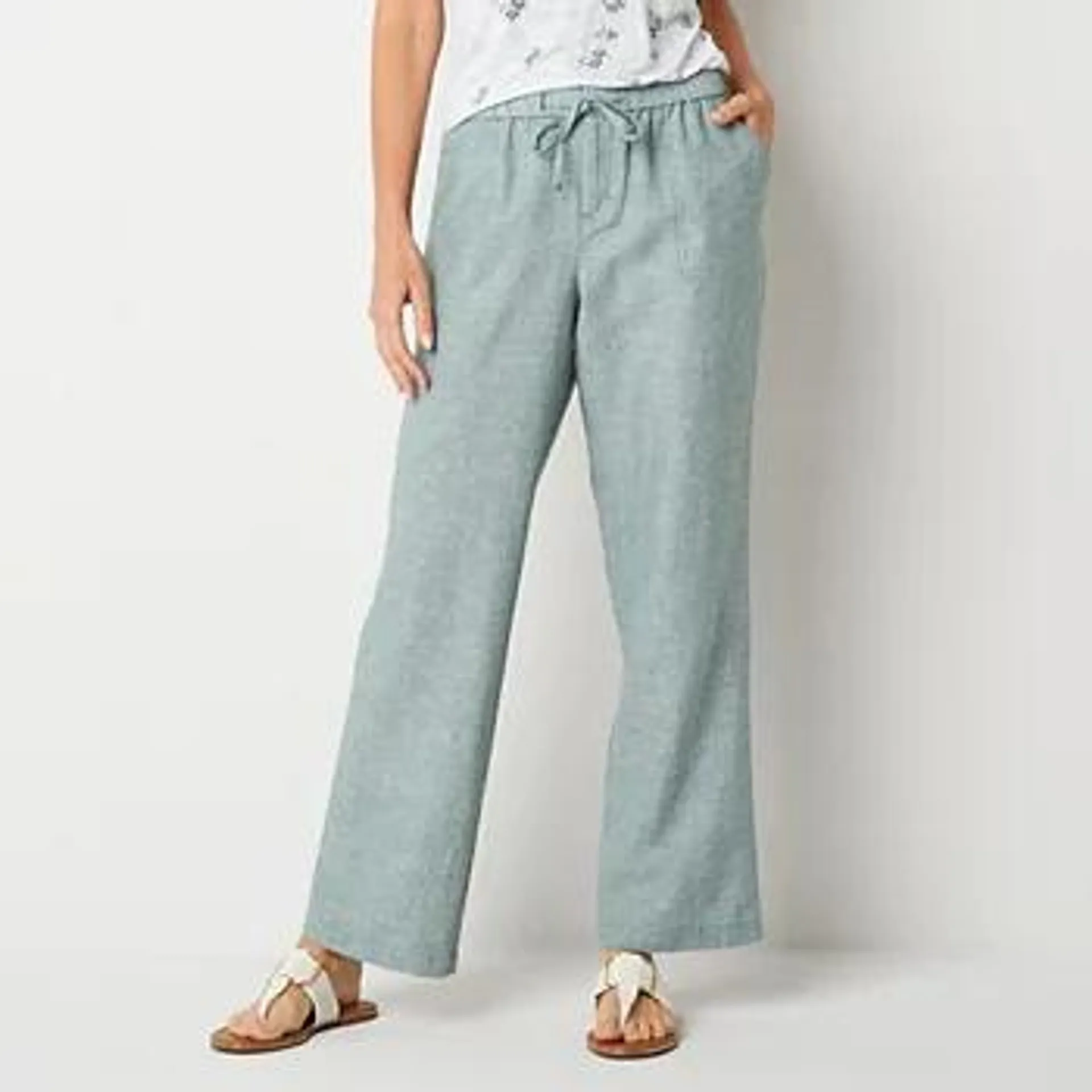 Liz Claiborne Linen Womens Mid Rise Wide Leg Drawstring Pants