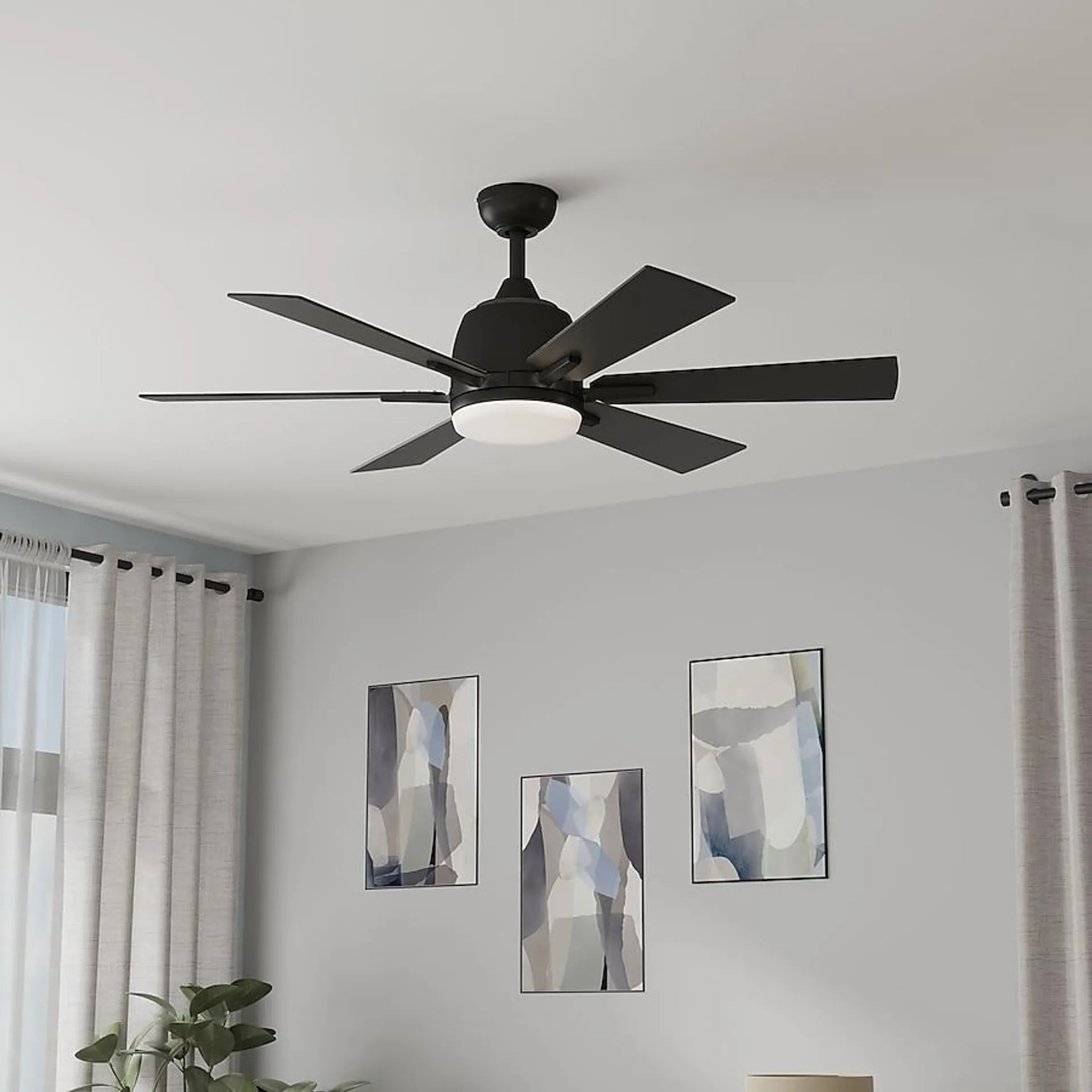 Harbor Breeze Bradbury 48-in Integrated LED Downrod or Flush Mount Matte Black with Matte Black/Greywood Blades Ceiling Fan With Light - Remote Included ( 6 -Blade )