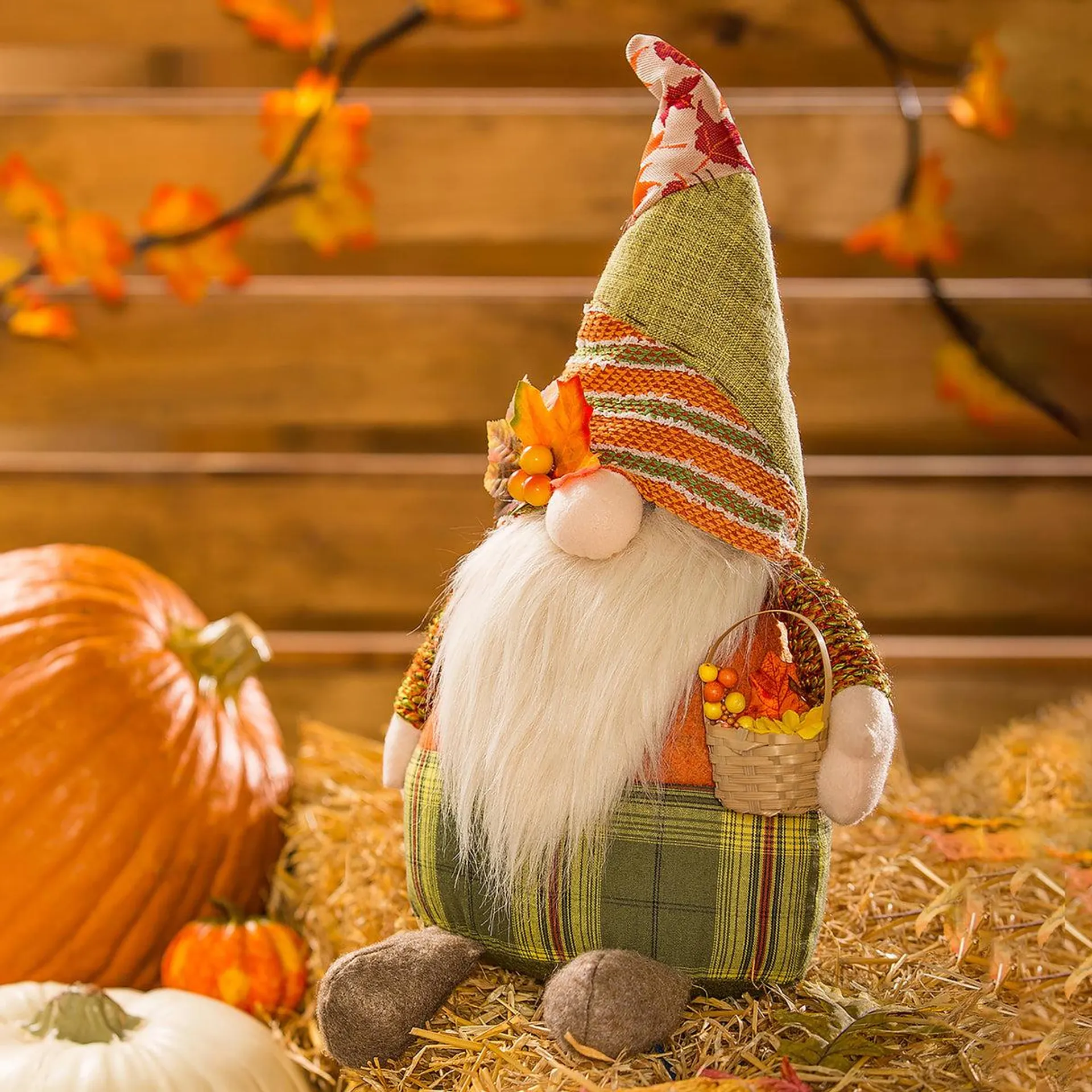 Plush Harvest Gnome with Basket Table Décor