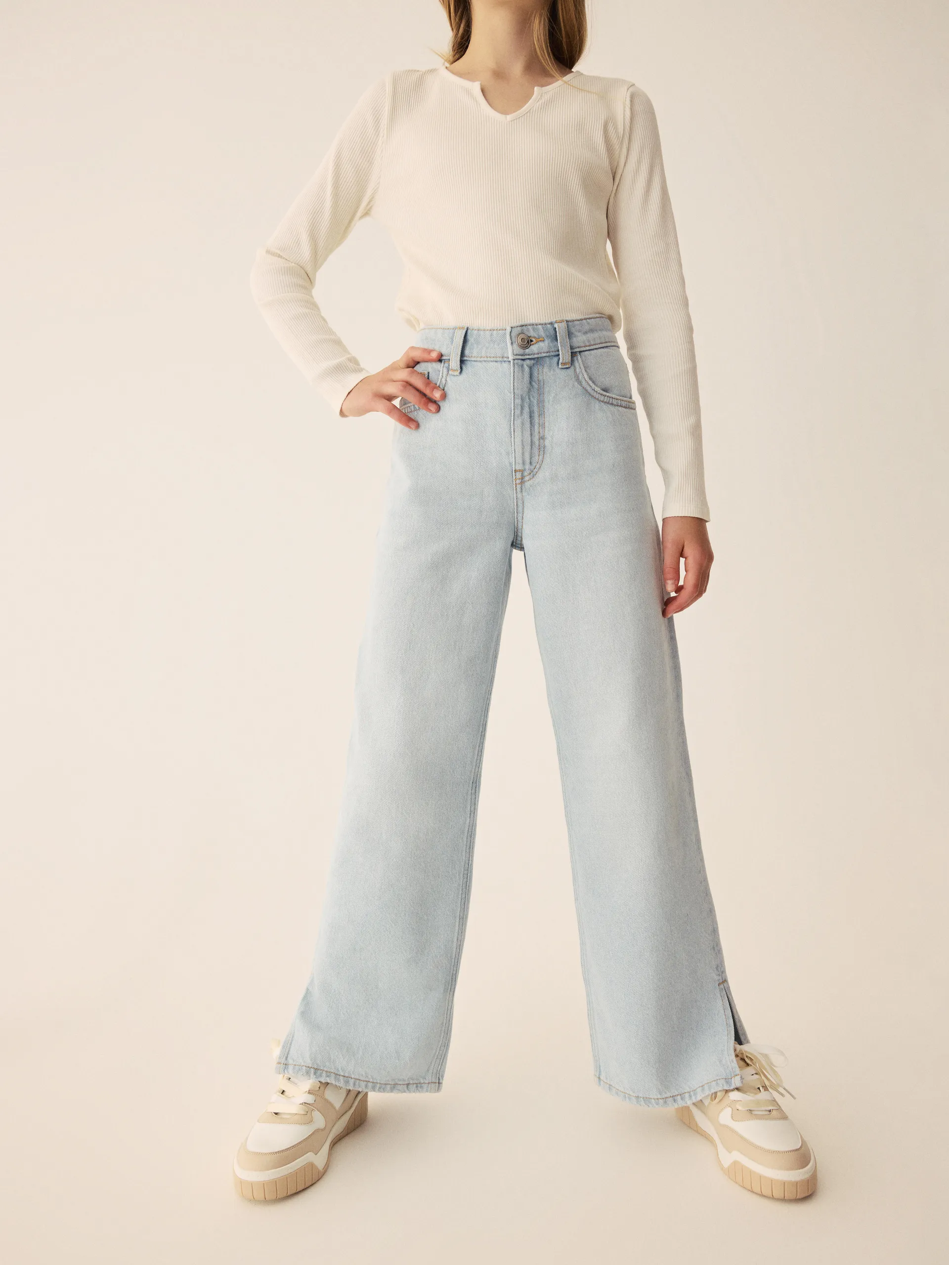 Wide Leg Slit Denim Jeans