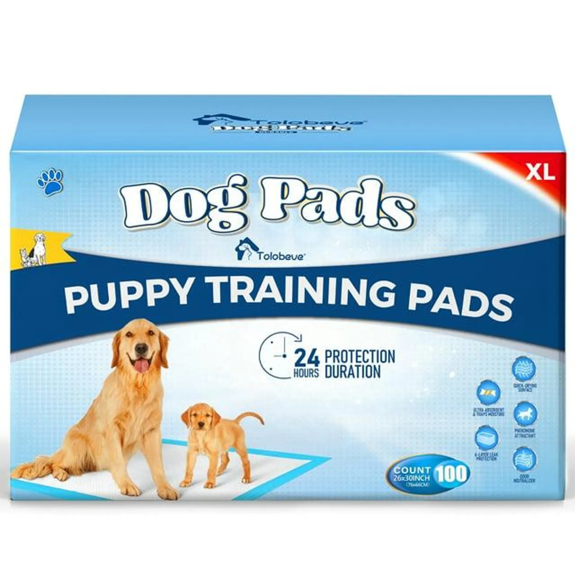 Tolobeve Dog Training Pads, XL, 26 in x 30 in, 100 Count Disposable Dog Pads, Puppy Pee Pads