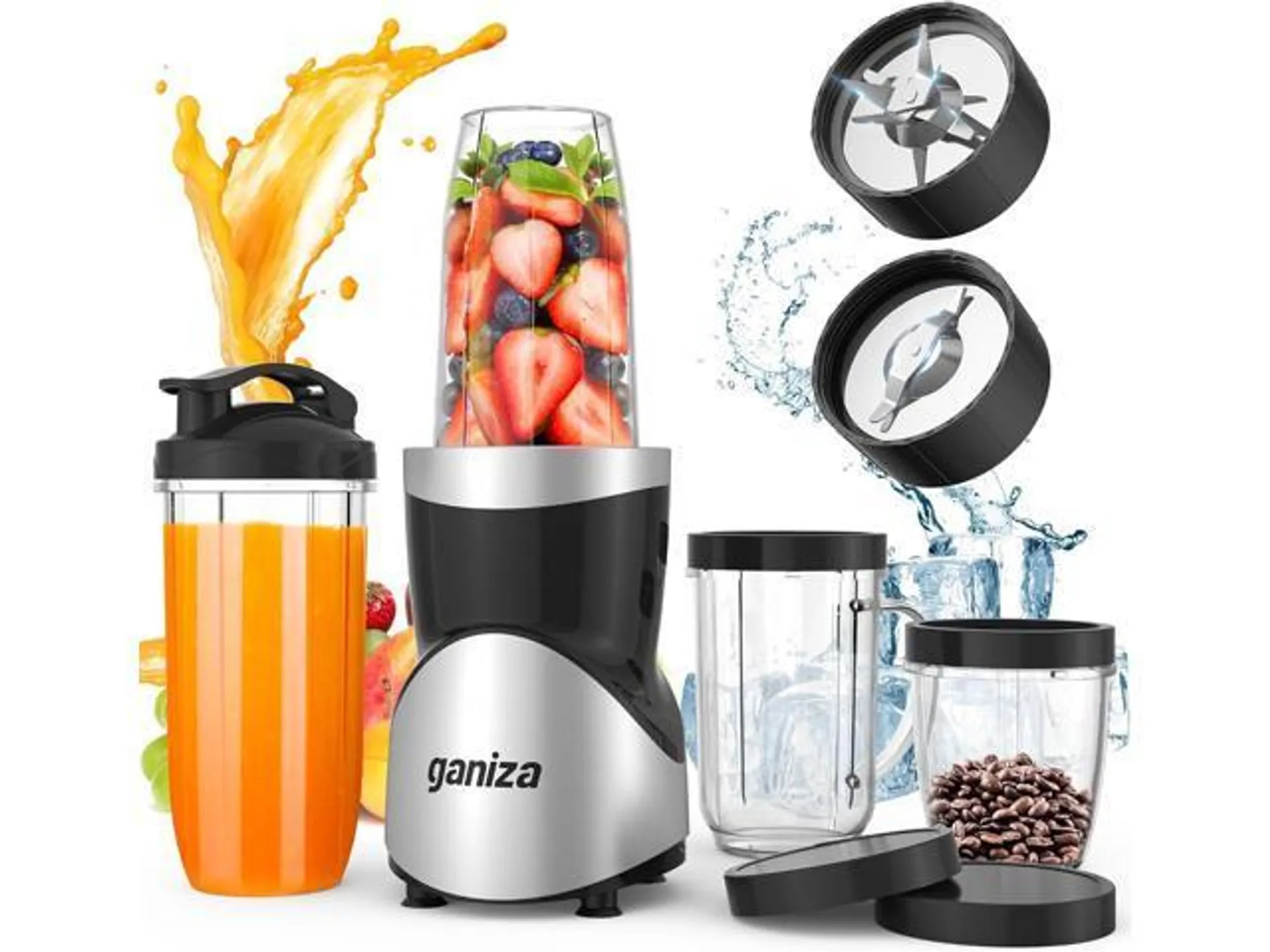 Ganiza Smoothie Blender, Blender for Shakes and Smoothies, 15-Piece Personal Blender and Grinder Combo for Kitchen, Smoothies Maker with 4 BPA-Free Portable Blender Cup, Nutritious Recipe, MAX 900W