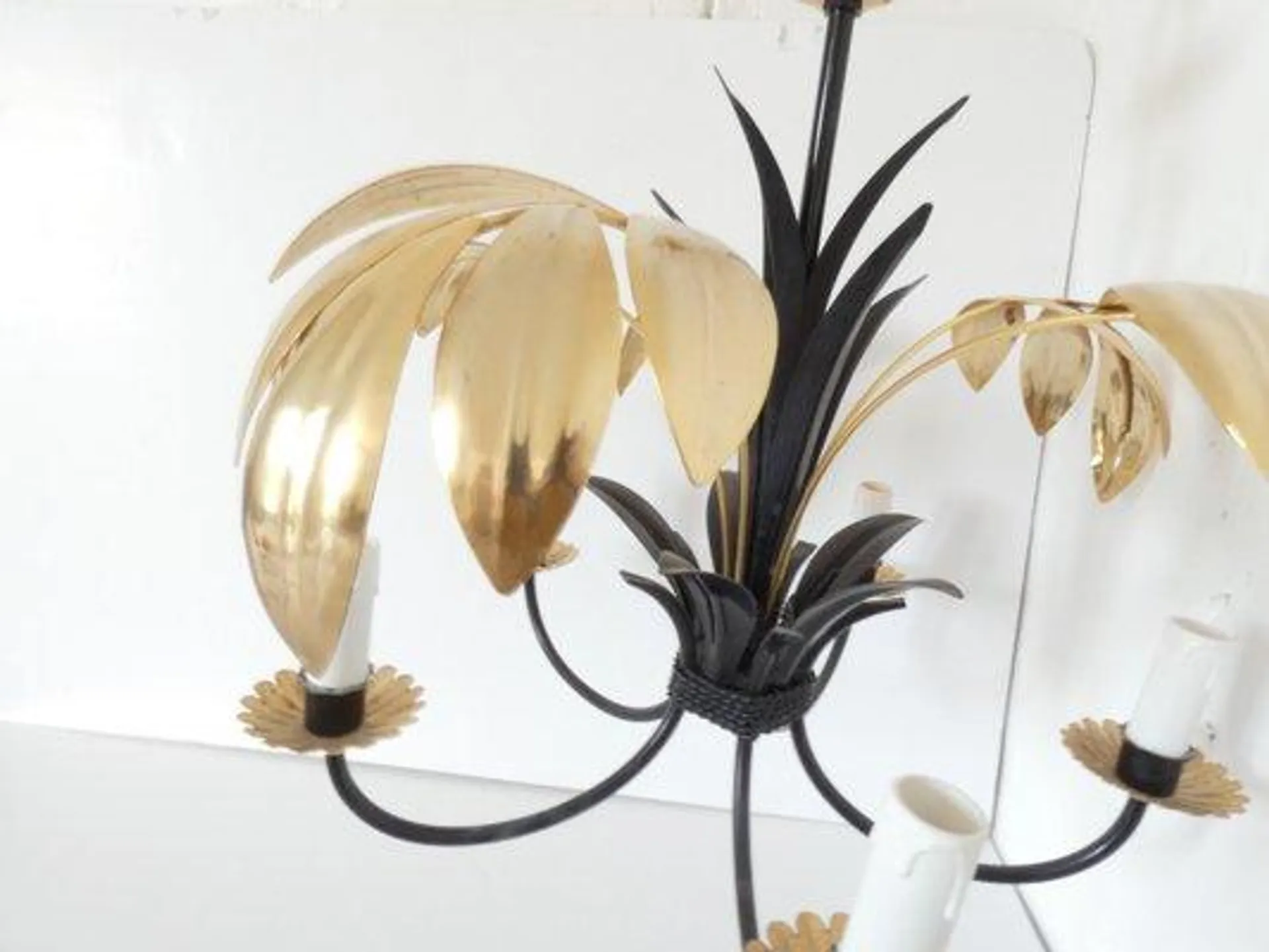 Vintage French Metal Tole Gold and Black Chandelier