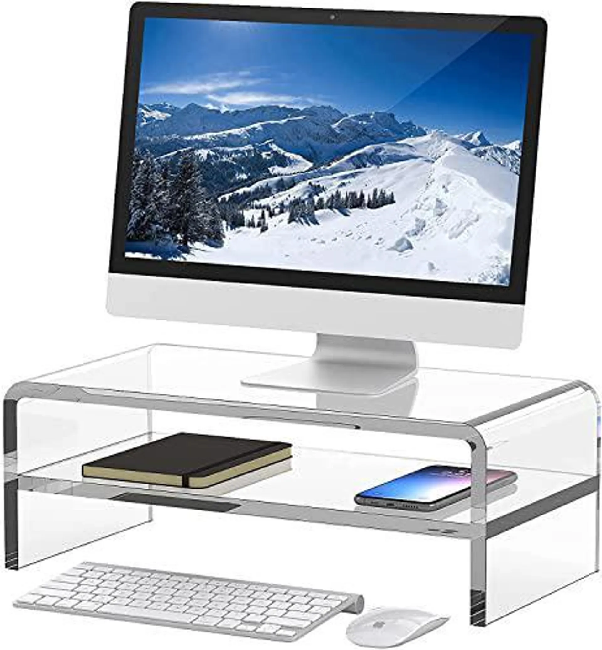 egchi clear acrylic monitor stand riser 2 tier, 5.5 inches high clear monitor stand/computer desk organizer shelf for multi m