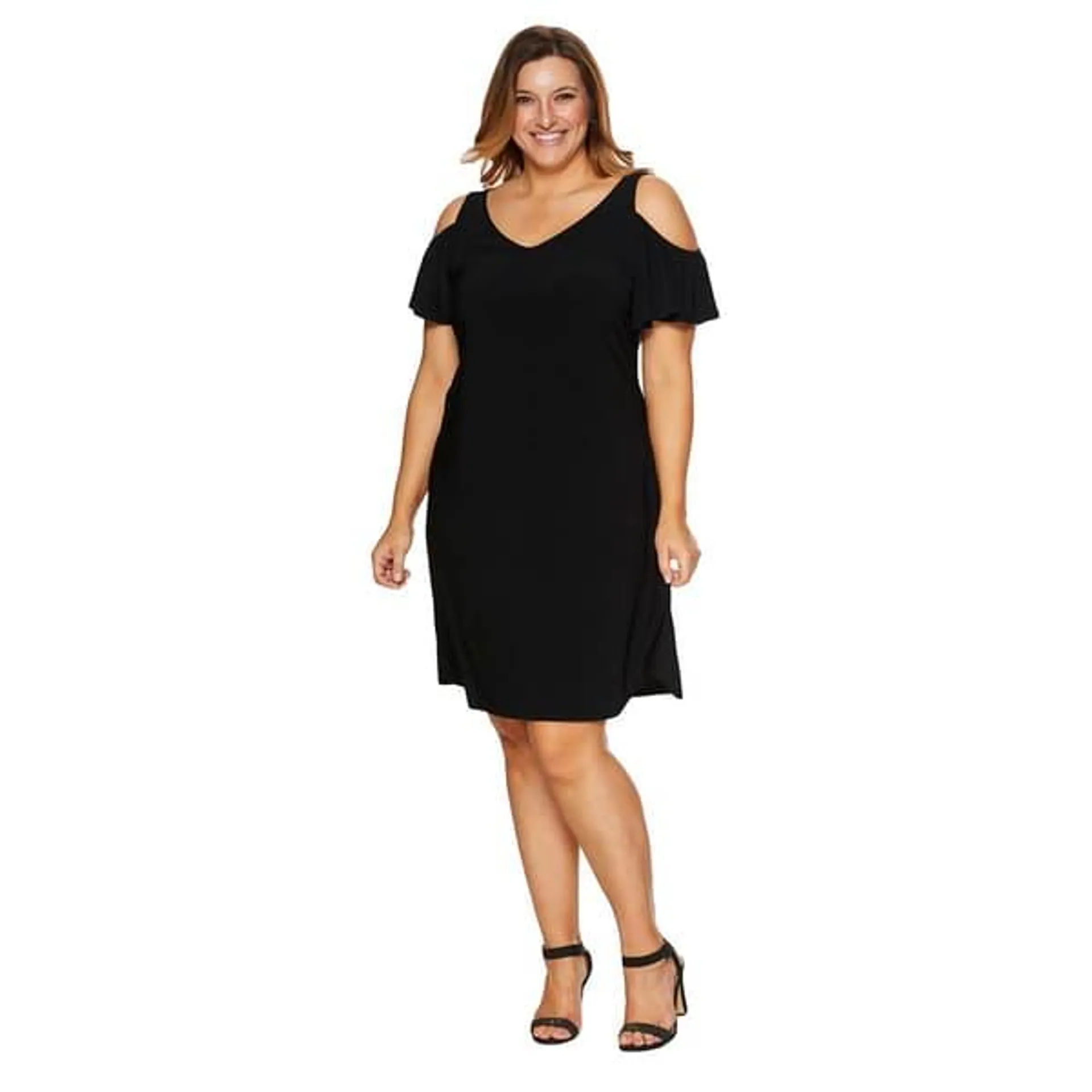 Plus Size MSK Cold Shoulder Solid Swing Shift Dress