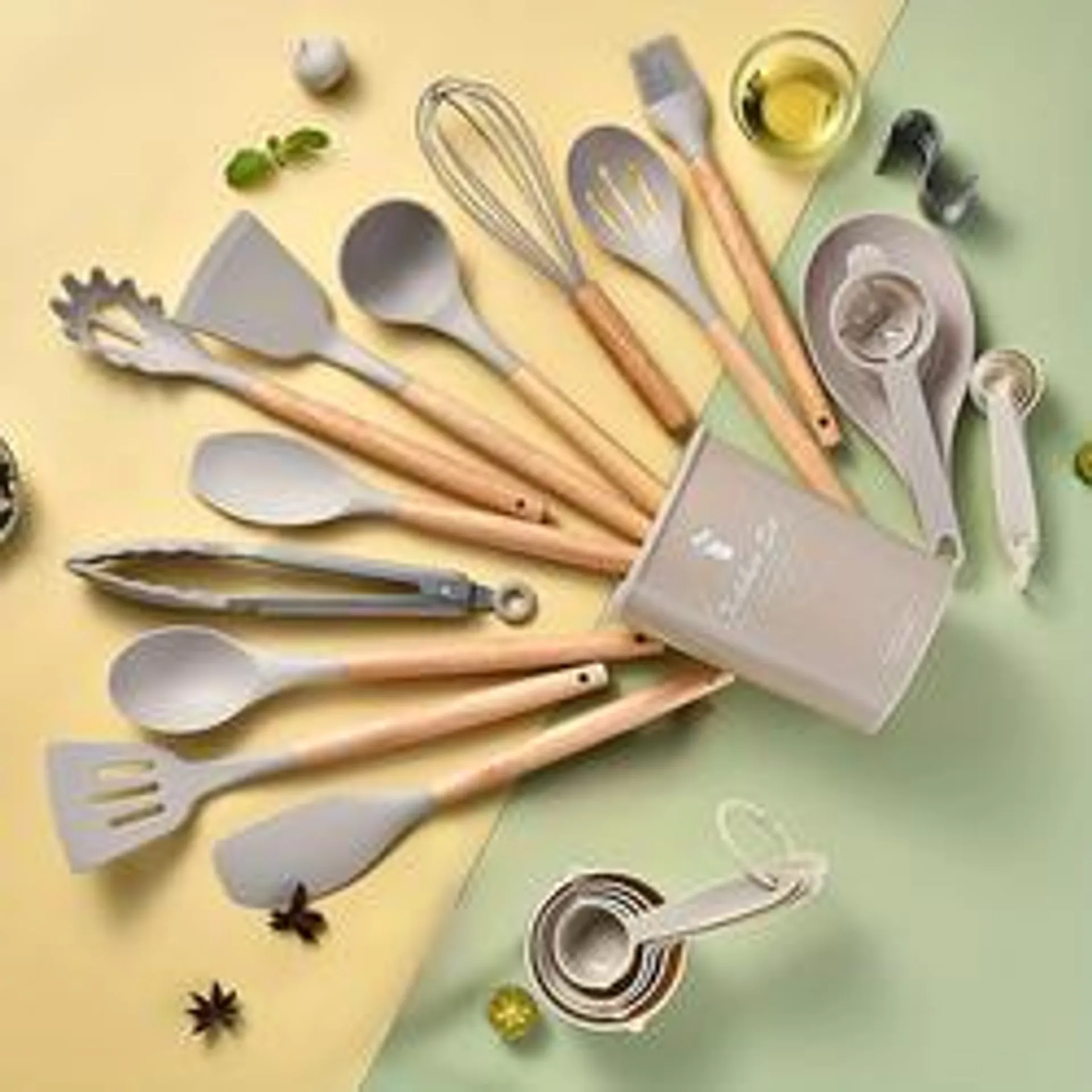 Brodark® 35-Piece Wooden Handle Silicone Utensil Set - Beige