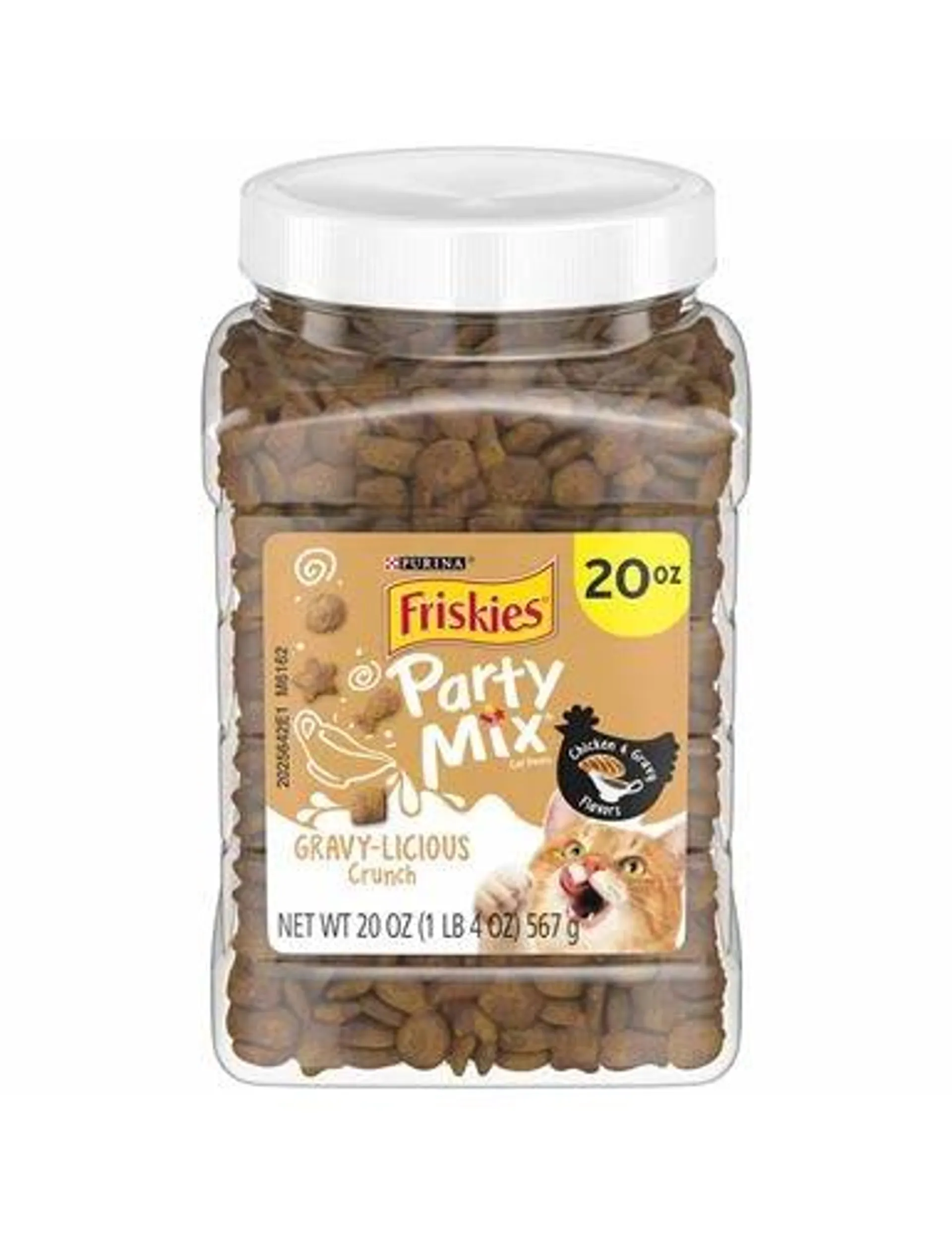 Purina Friskies Cat Treats, Party Mix Gravy-licious Crunch Chicken and Gravy Flavors - 20 Ounce Canister