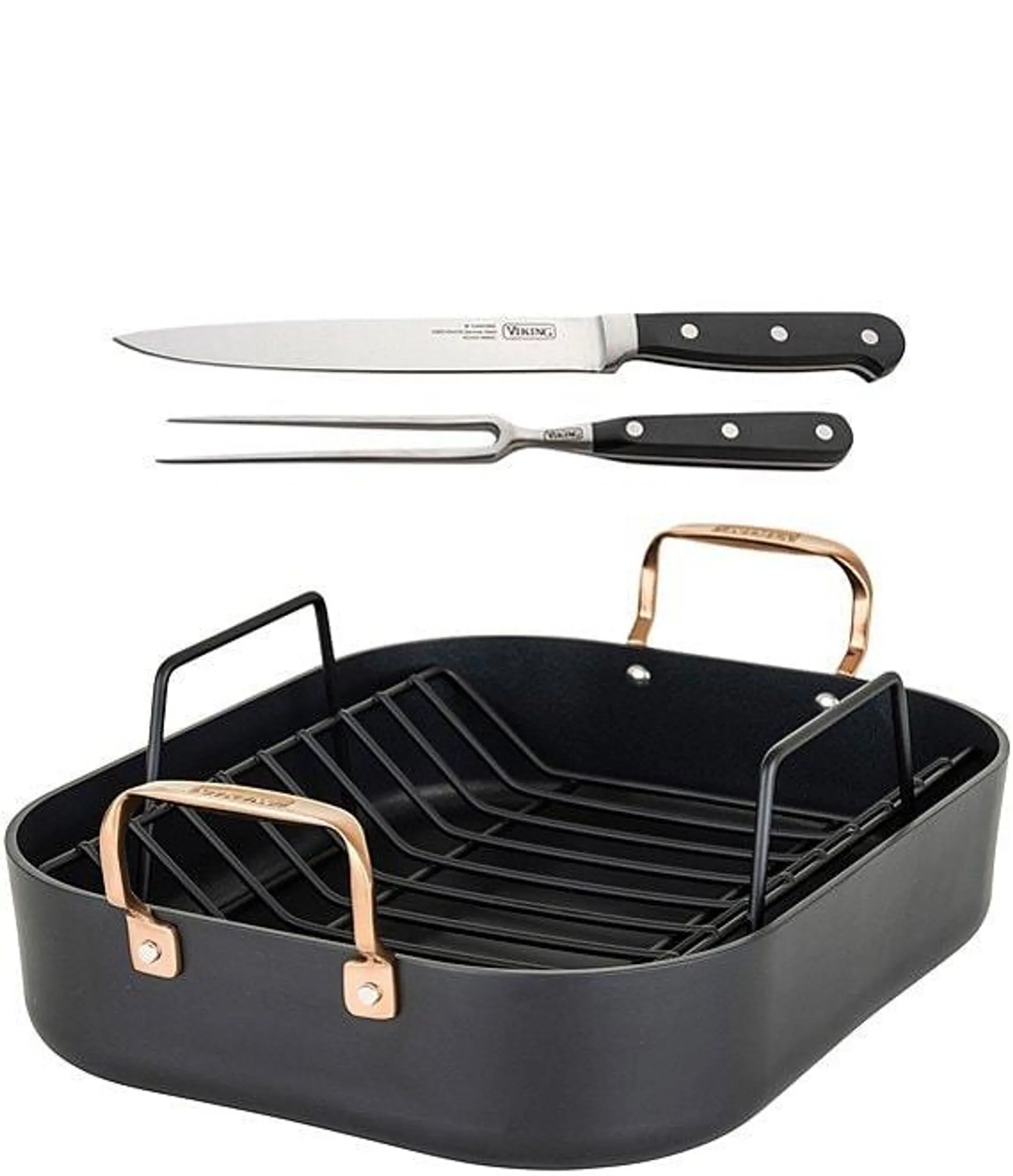 Hard Anodized Nonstick Roaster with Rack & Bonus Carving Set (Copper Handles)