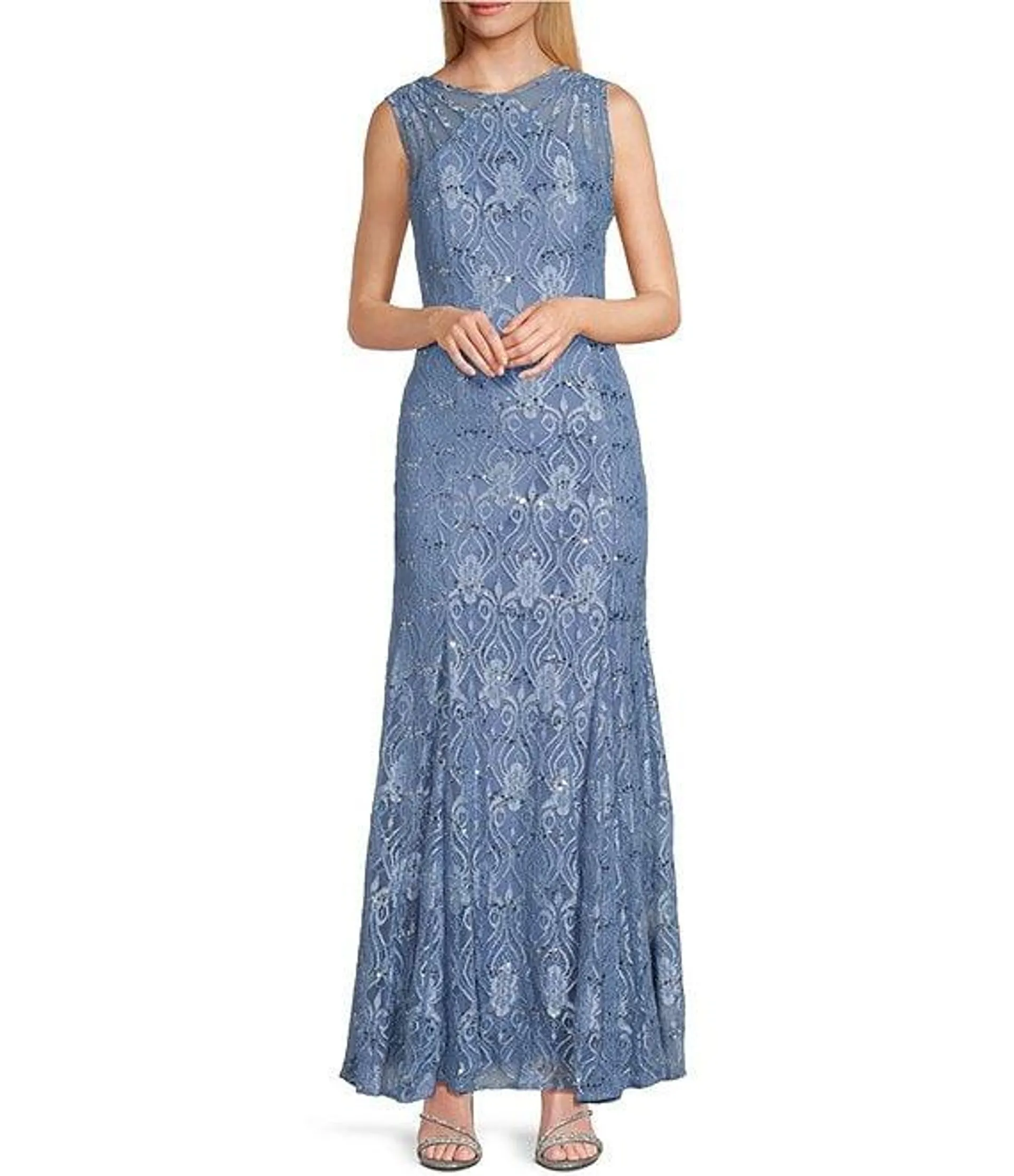 Illusion Shoulder High V-Neck Sleeveless Lace Sheath Gown