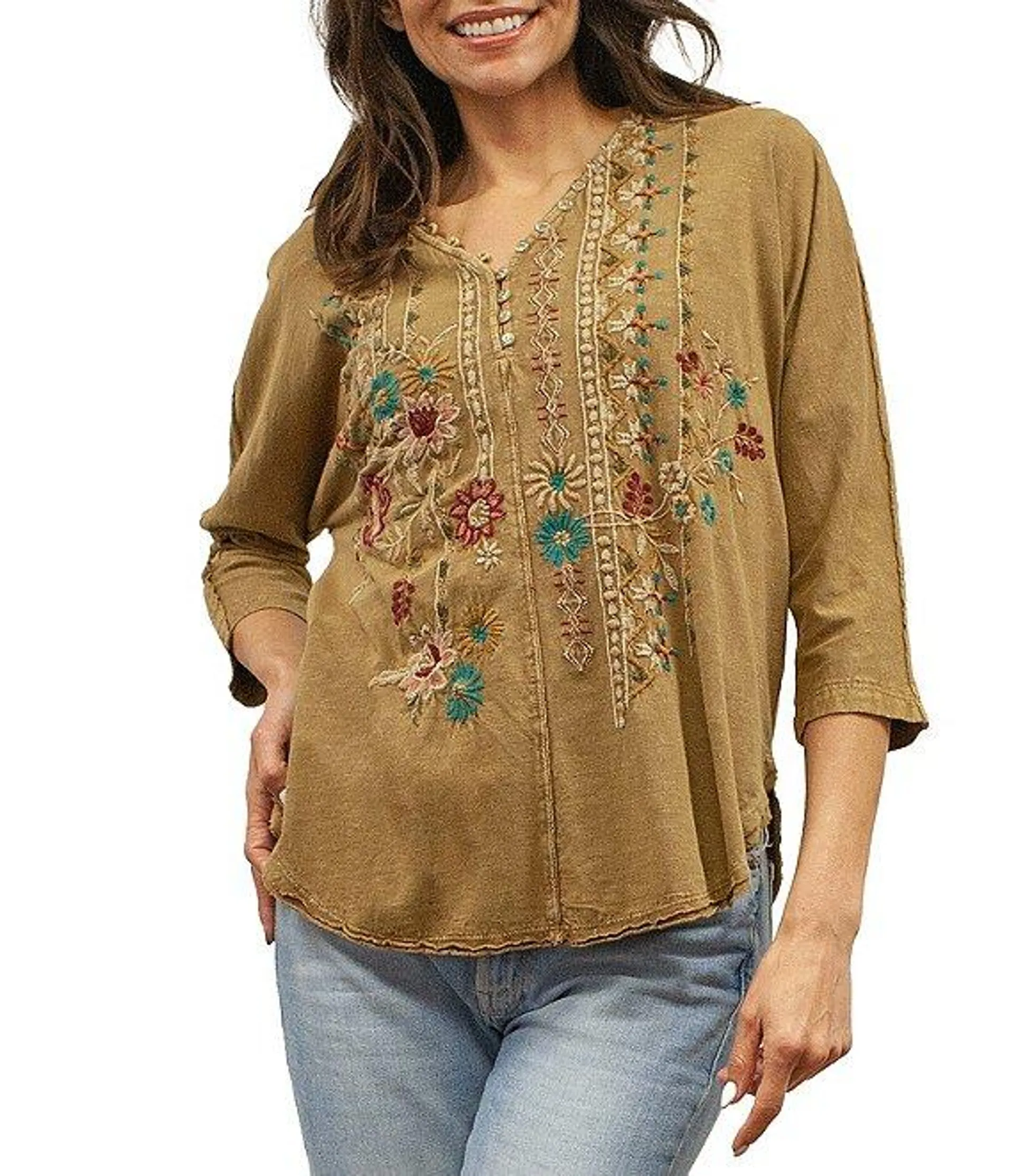 Knit Embroidered Mally V-Neck 3/4 Sleeve Blouse