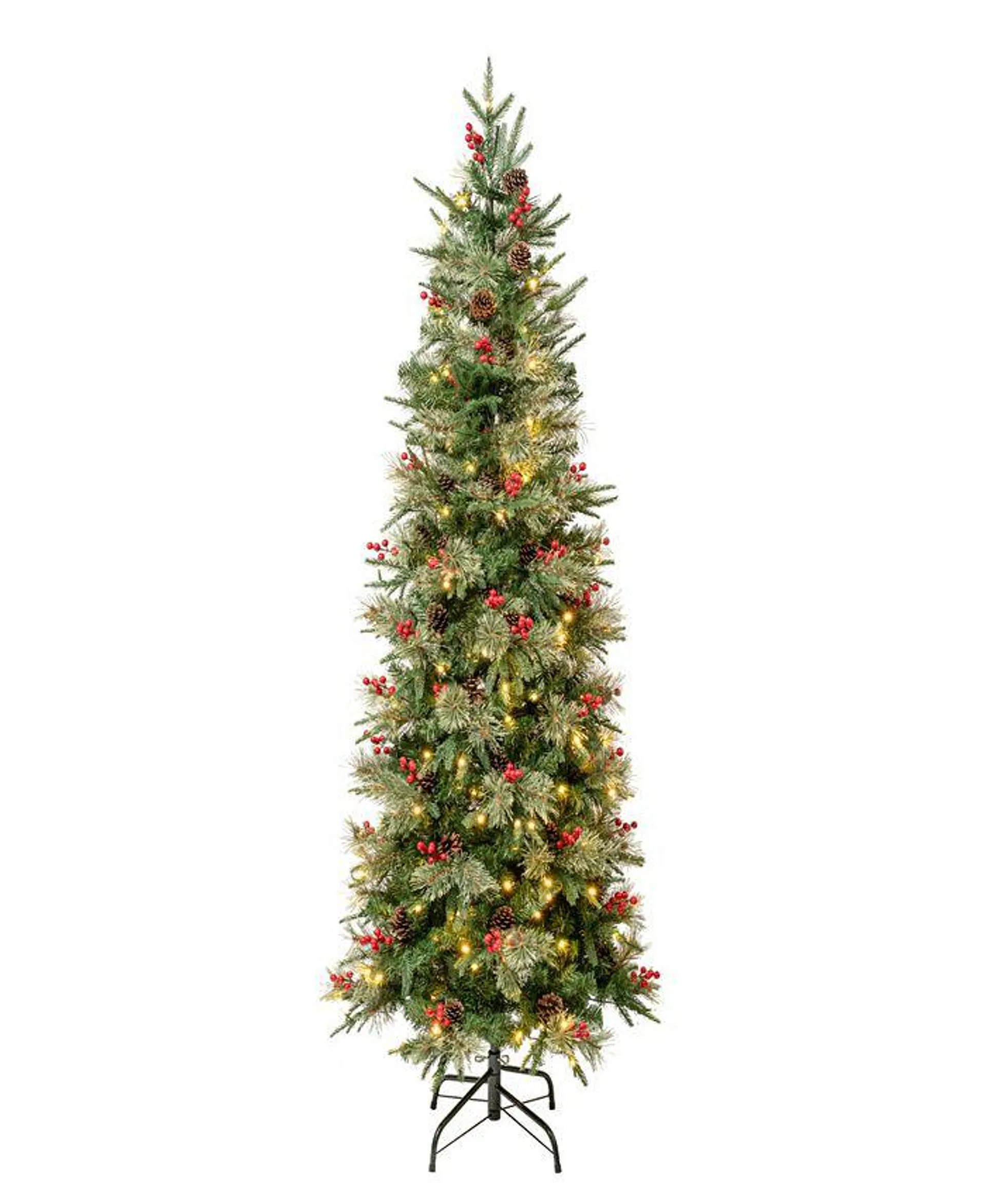 6' Feel-Real Virginia Pine Hinged Pine-Needle PE PVC Mixed Christmas Tree -Slim, 56 Berries 56 Pinecones