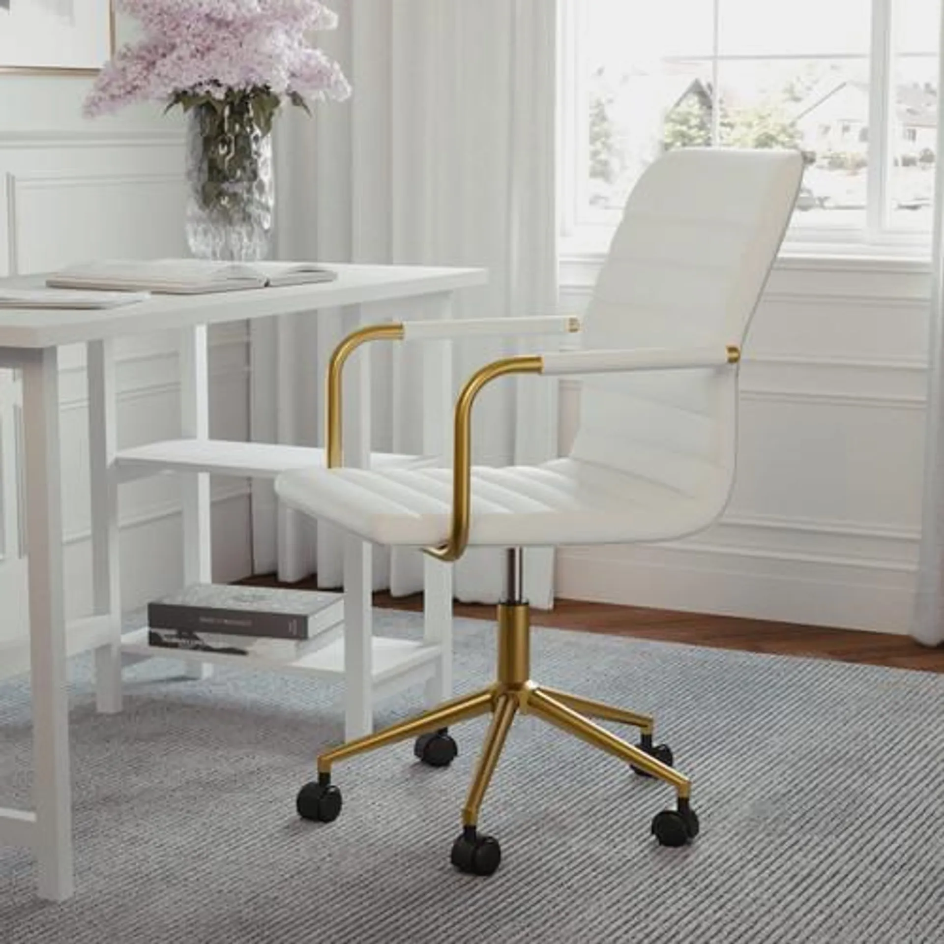 Taytum Upholstered Office Chair in White/Polished Brass