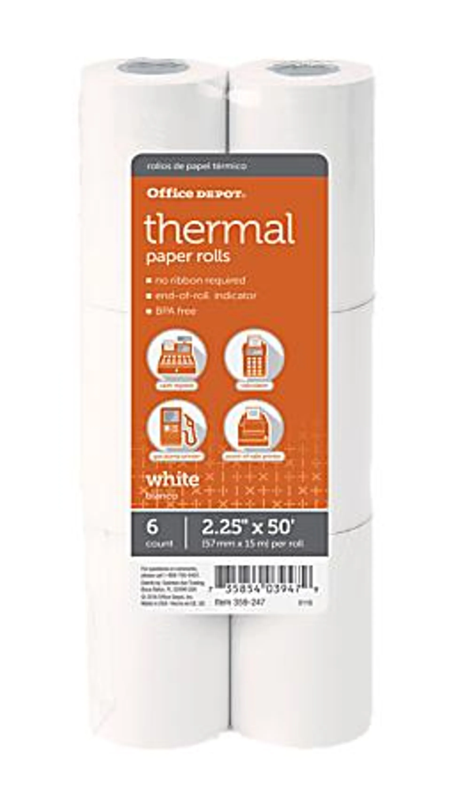 Office Depot® Brand Thermal Paper Rolls, 2-1/4" x 50', White, Pack Of 6