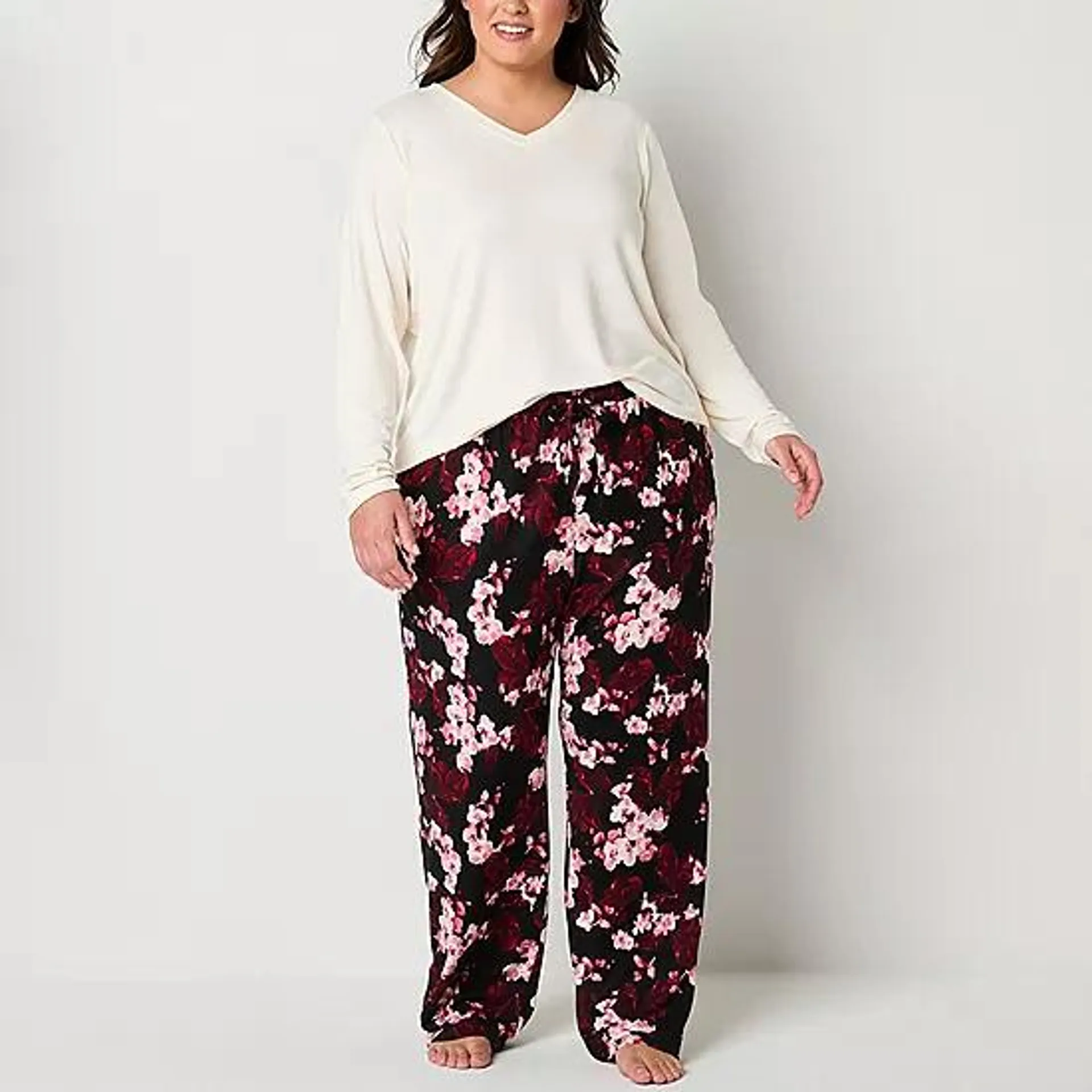 Ambrielle Womens Plus V-Neck Long Sleeve 2-pc. Pant Pajama Set