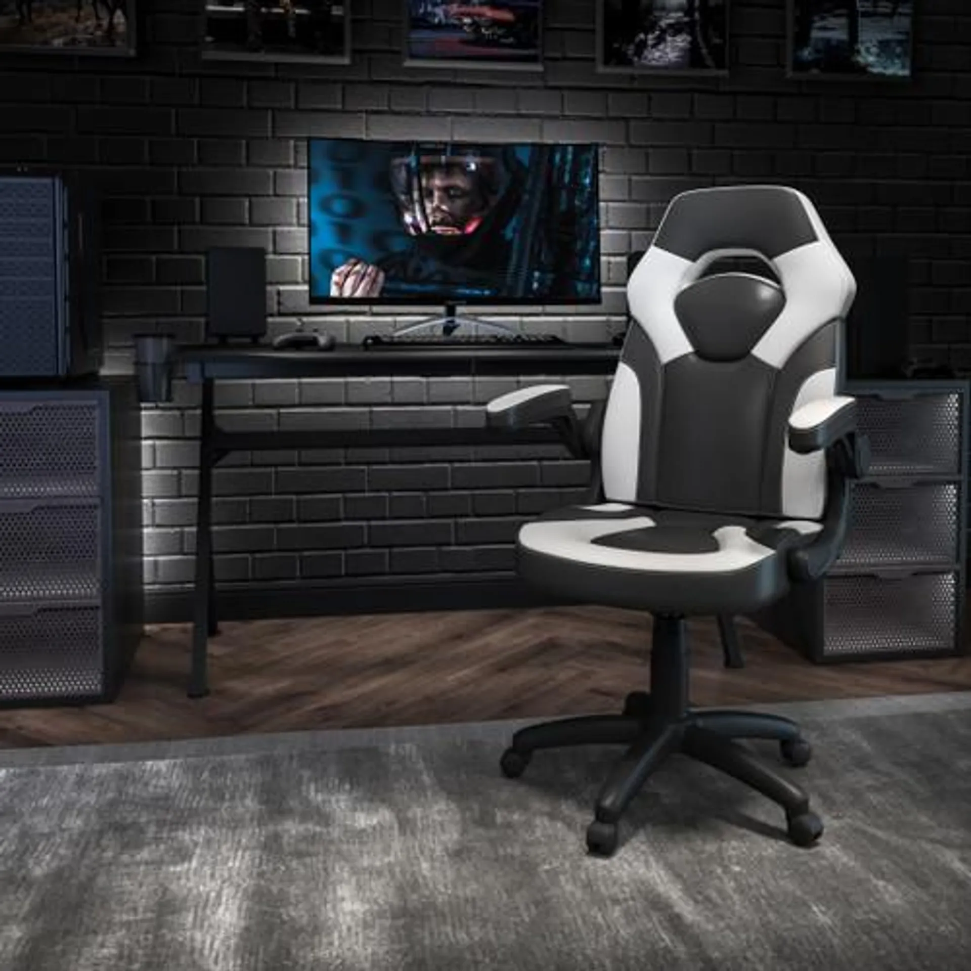 X10 Gaming Chair Racing Office Ergonomic Computer PC Adjustable Swivel Chair with Flip-up Arms, White/Black LeatherSoft - CH00095WHGG