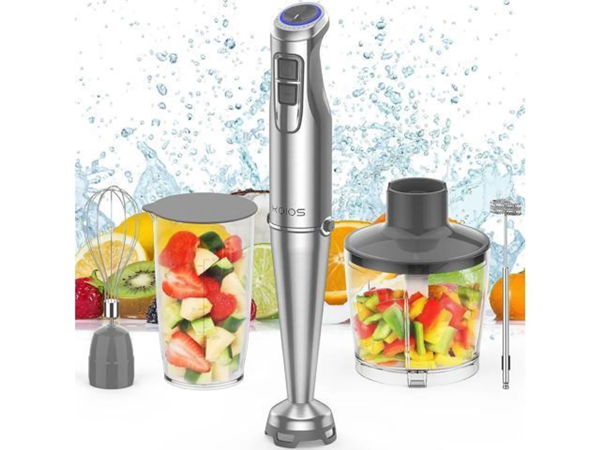 KOIOS 1100W Immersion Hand Blender, Stainless Steel Stick Blender with 12-Speed & Turbo Mode, 5-in-1 Handheld Blender with 600ml Mixing Beaker with Lid, 500ml Chopper, Whisk, Milk Frother, BPA-Free