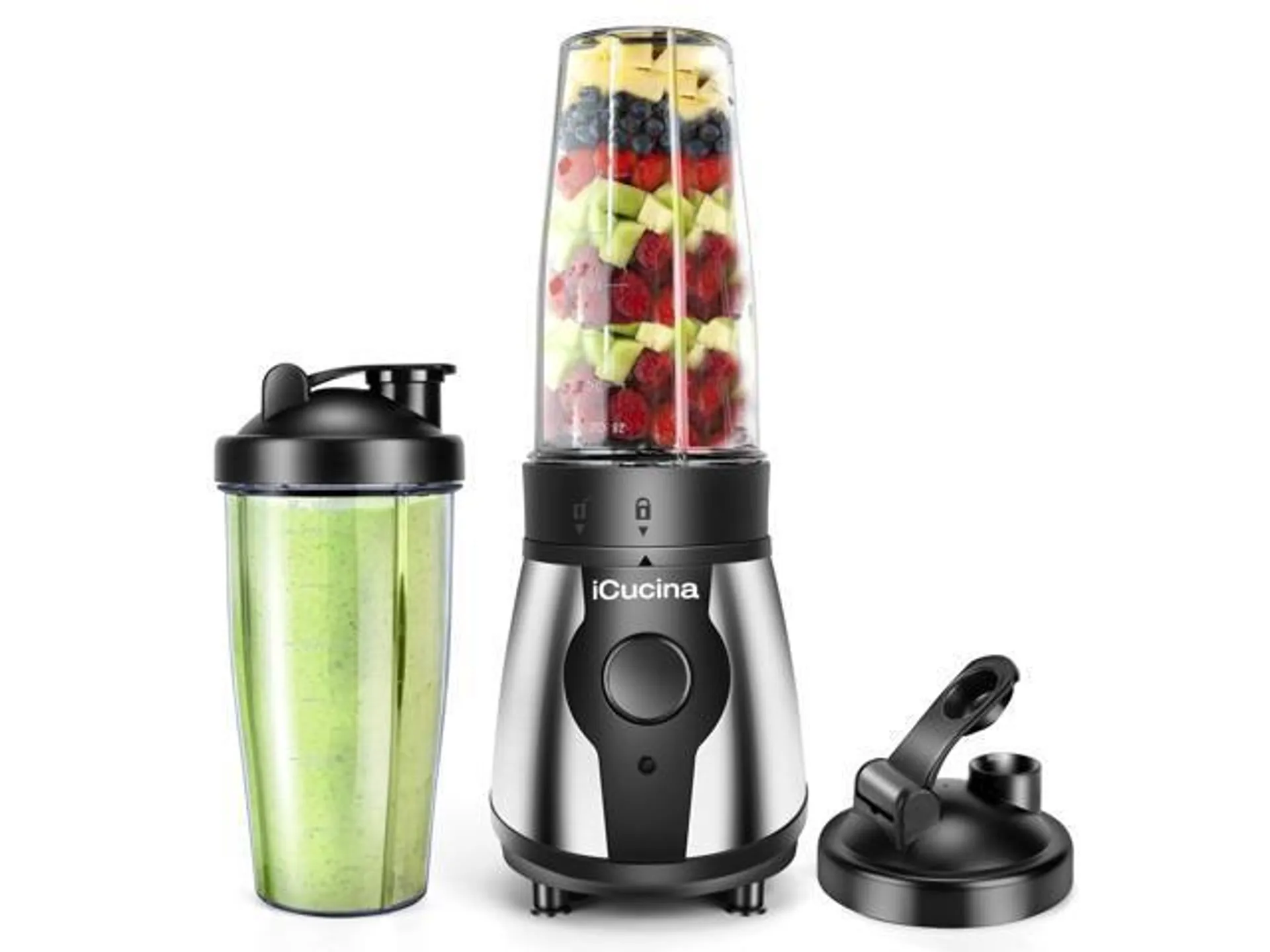 iCucina Personal Portable Bullet Blender 300 watt for shakes and smoothies| Easy Clean Shake Blender with One-Button Operation |28 Ounce Blender Cups with To-Go Lids