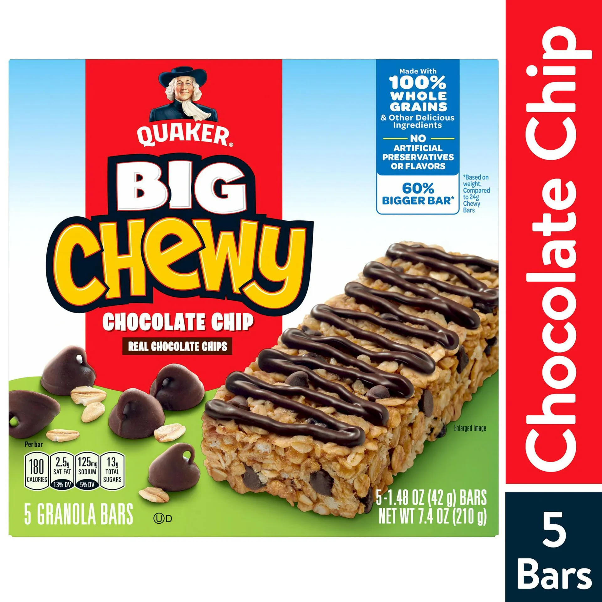 Quaker Big Chewy Granola Bars, 60% Larger, Chocolate Chip (5 Pack)