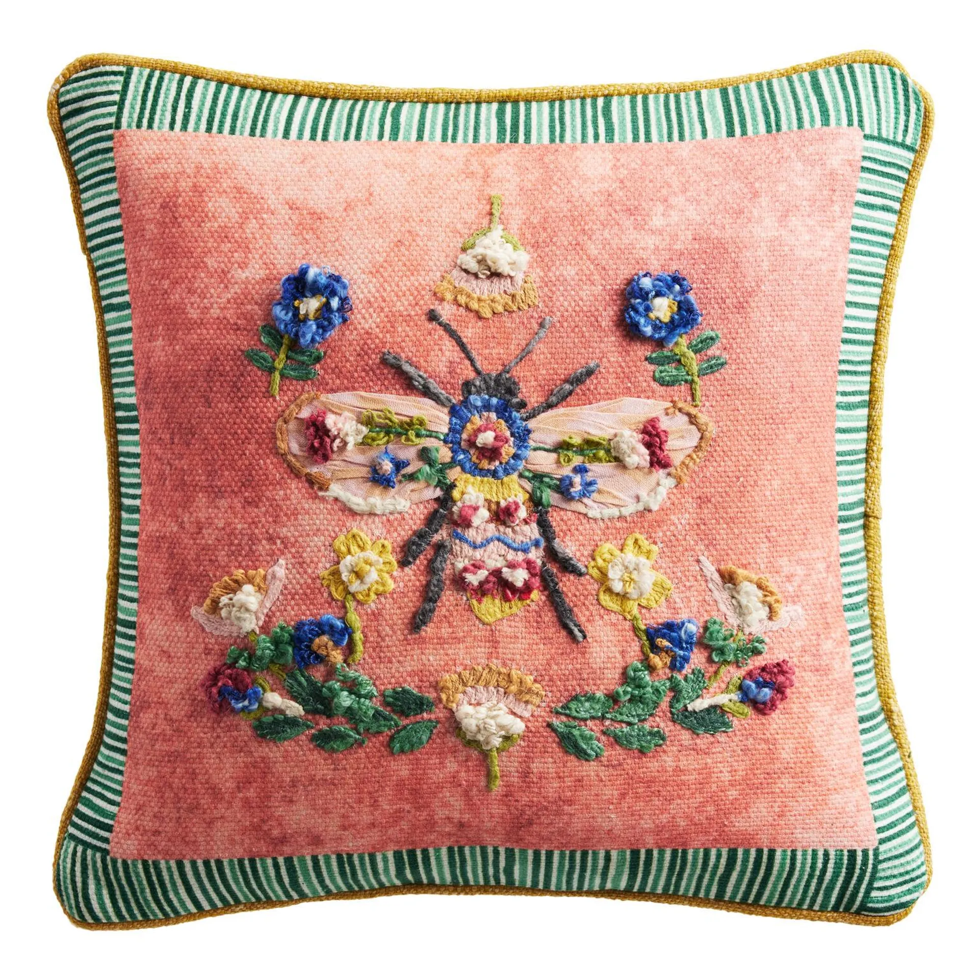 Coral Embroidered Floral Bee Throw Pillow