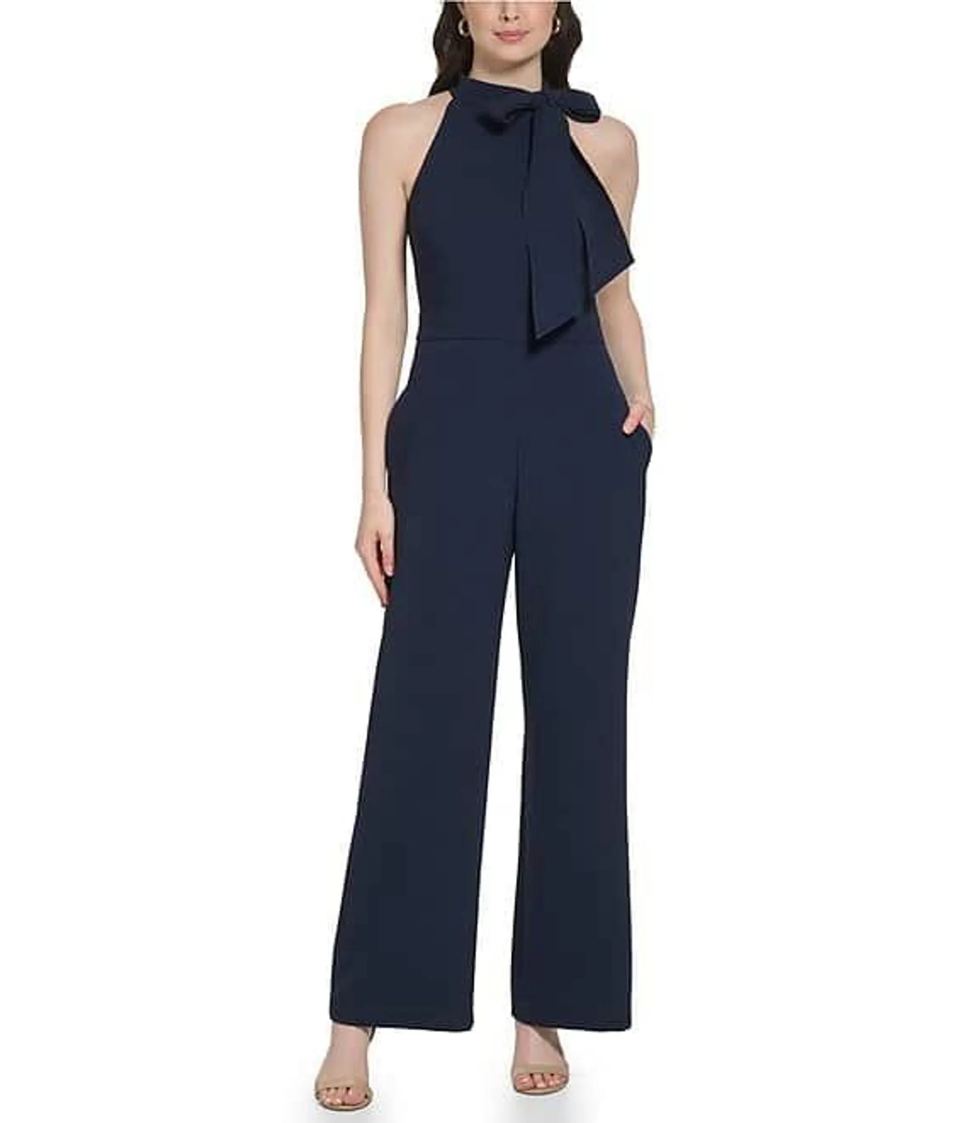 Sleeveless Bow Tie Mock Neck Jumpsuit