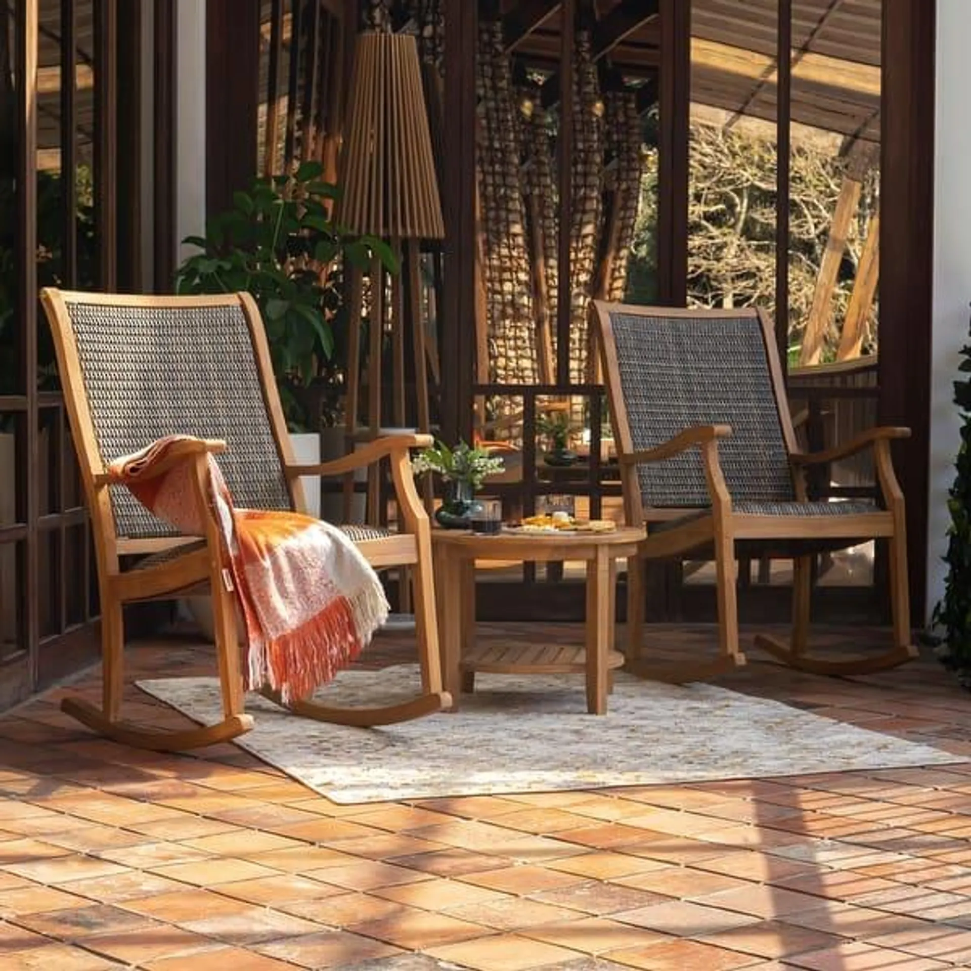 Cambridge Casual Dunham 3-piece Solid Teak Wood Outdoor Wicker Rocking Chair