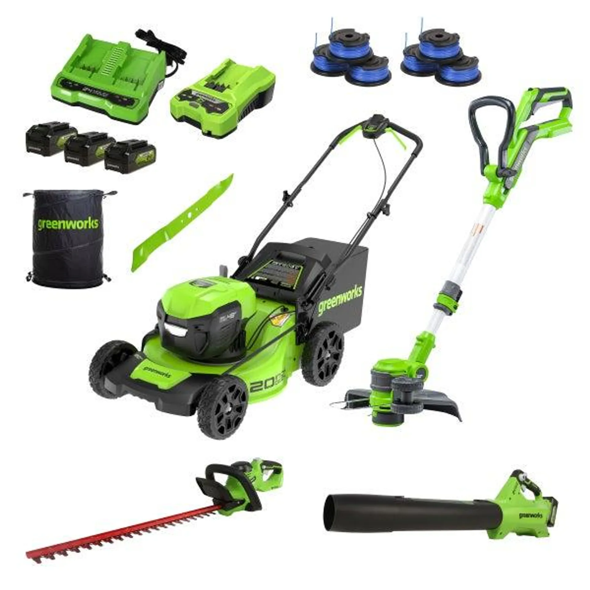 Greenworks 24V Mower, Blower, Trimmer and Hedge Trimmer Combo + (3) 4Ah Batteries