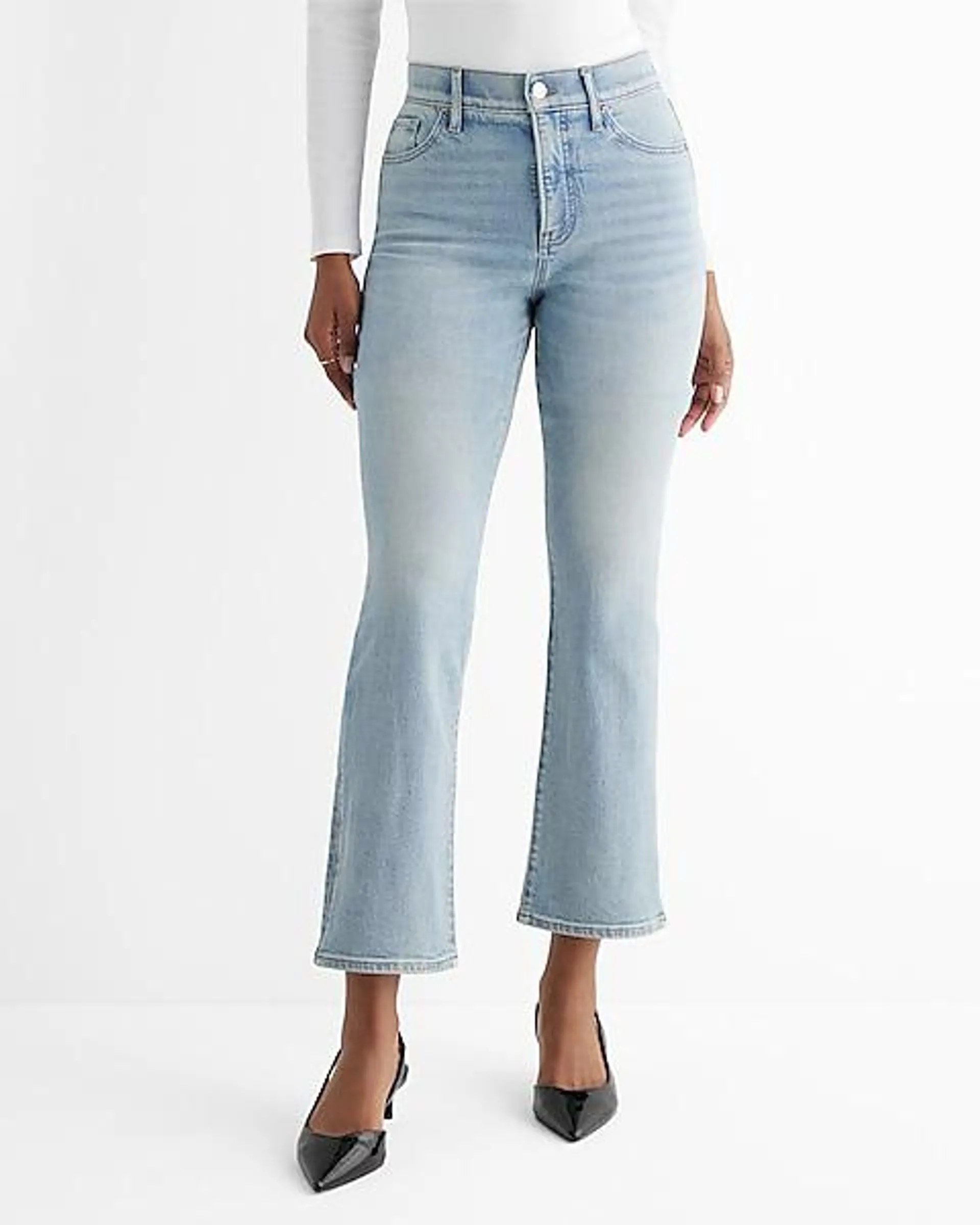 High Waisted Light Wash Slit Hem Cropped Flare Jeans