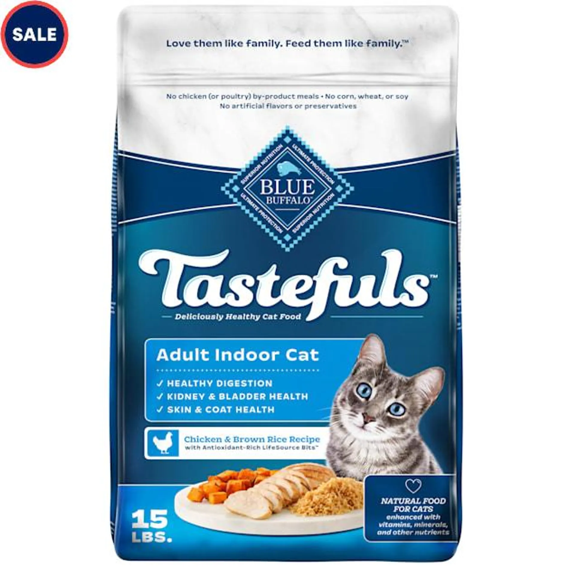 Blue Buffalo Blue Tastefuls Chicken & Brown Rice Recipe Natural Dry Food for Adult Indoor Cats, 15 lbs.