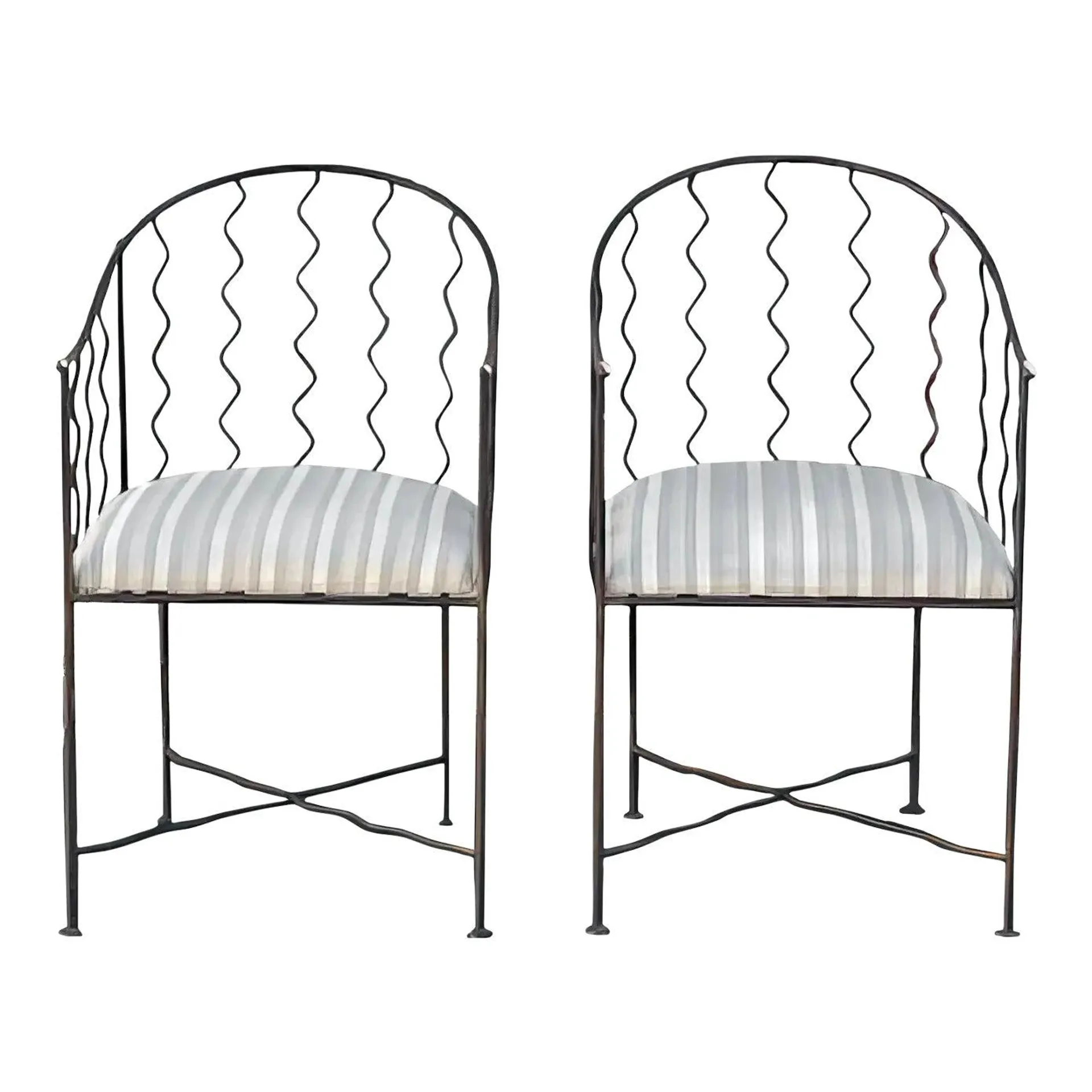 1940s Vintage French Wrought Iron Wavy Scalloped Arm Chairs - a Pair