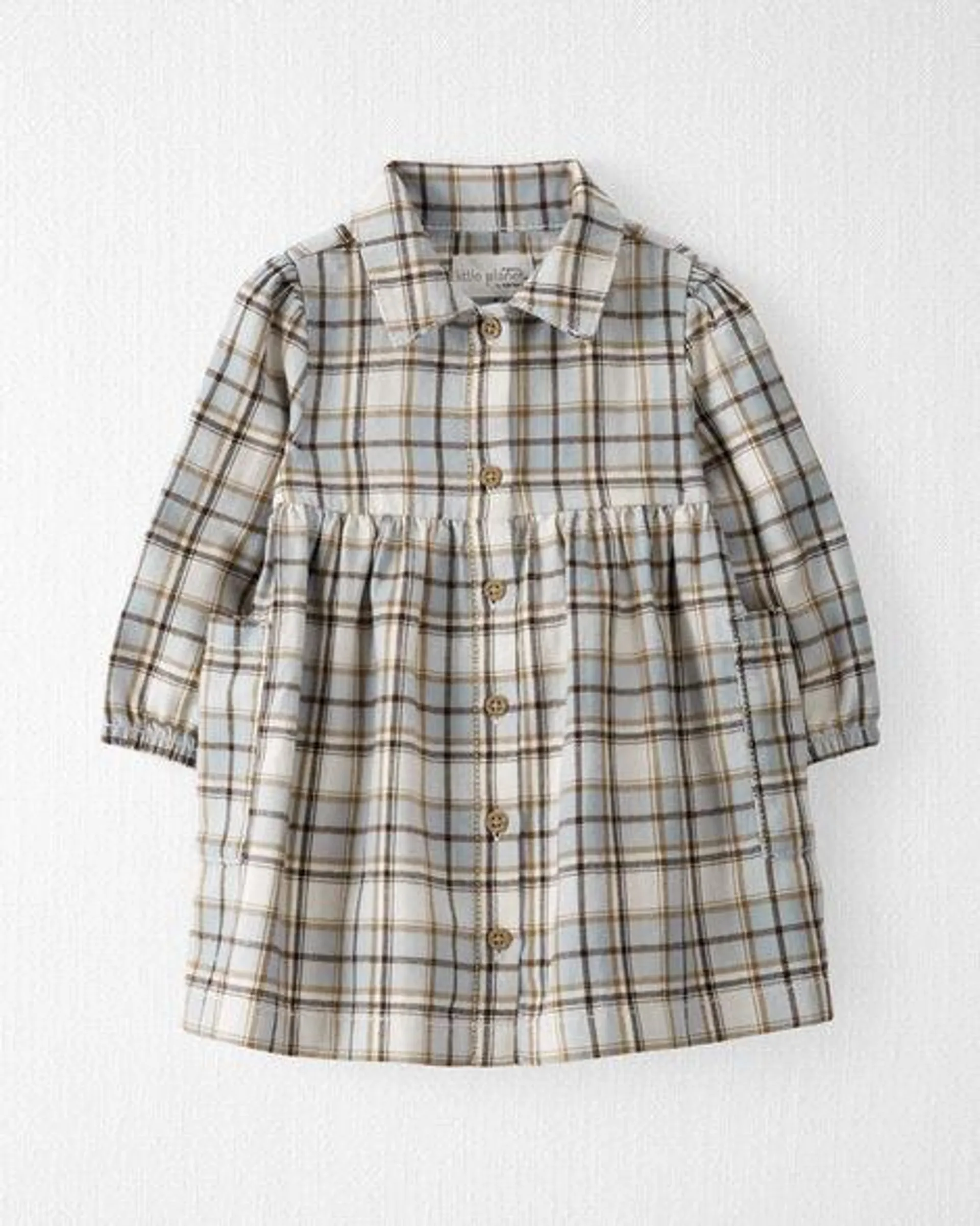 Baby Organic Cotton Herringbone Button-Front Dress in Plaid