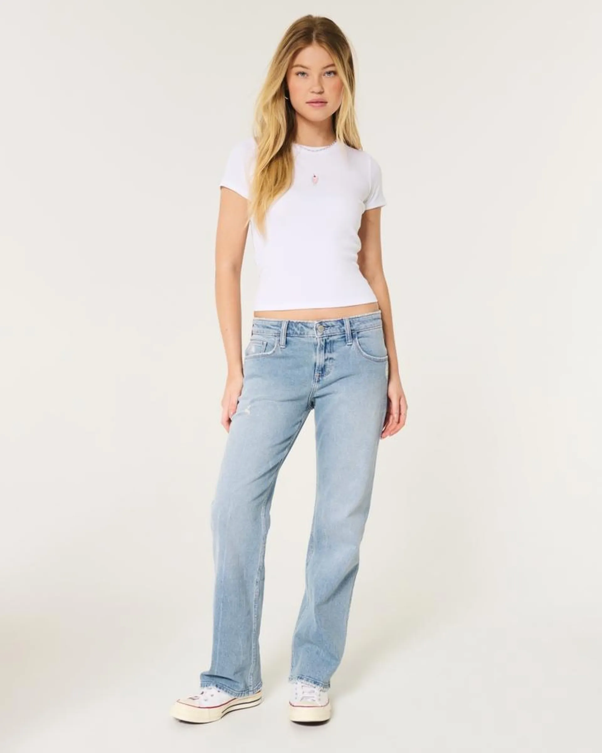 Low-Rise Distressed Medium Wash Relaxed Straight Jeans