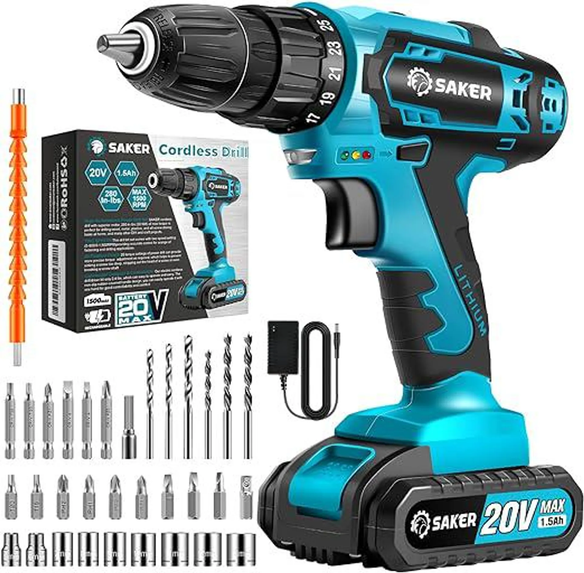 Saker Cordless Drill Set, 20V Electric Drill with Drill/Screwdriver Bits, 3/8-Inch Keyless Chuck, 2 Variable Speeds, 18+1 Torque Setting Battery Power Drilling Driver for Plastic, Wood, Metal, Screws