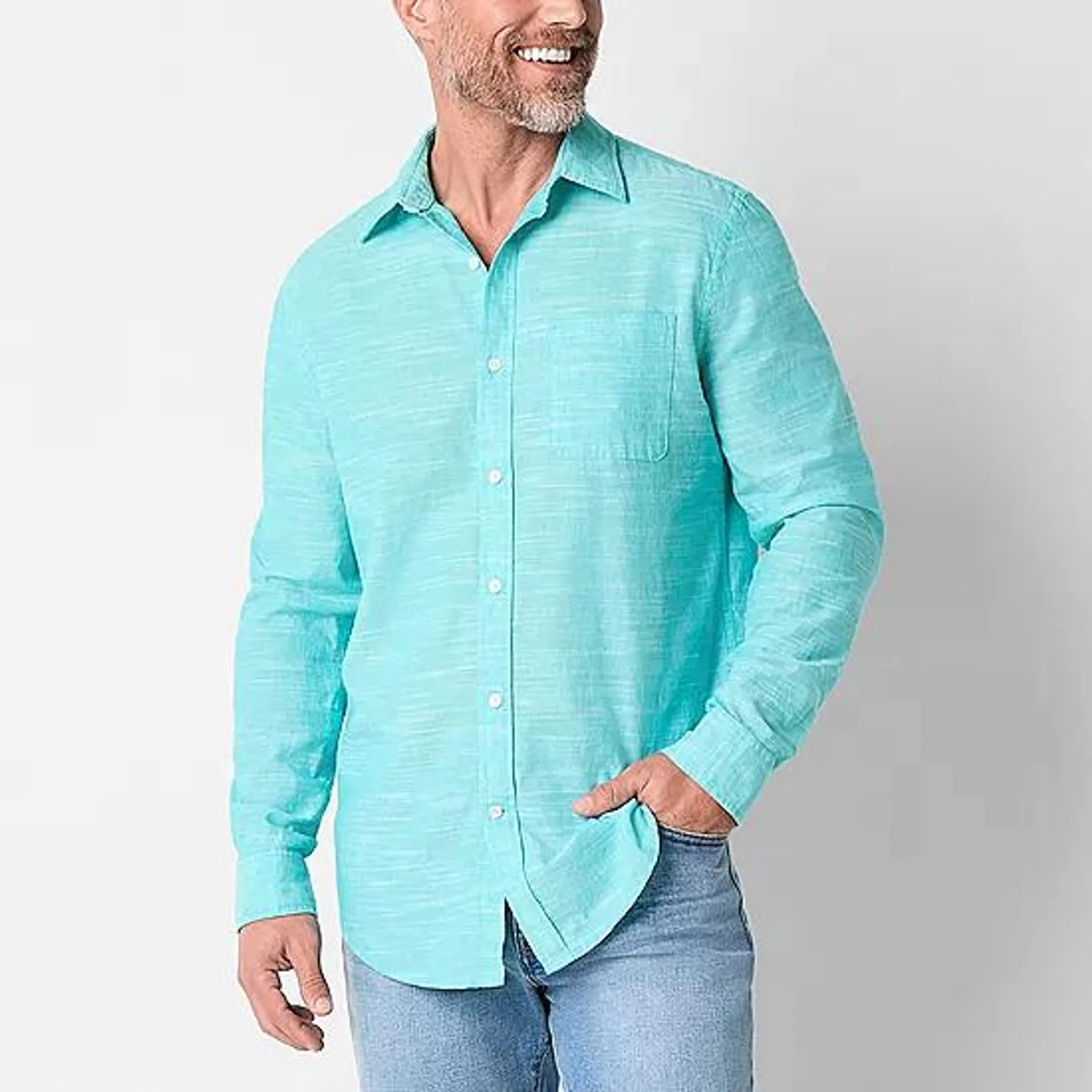 new! St. John's Bay Linen Mens Classic Fit Long Sleeve Button-Down Shirt