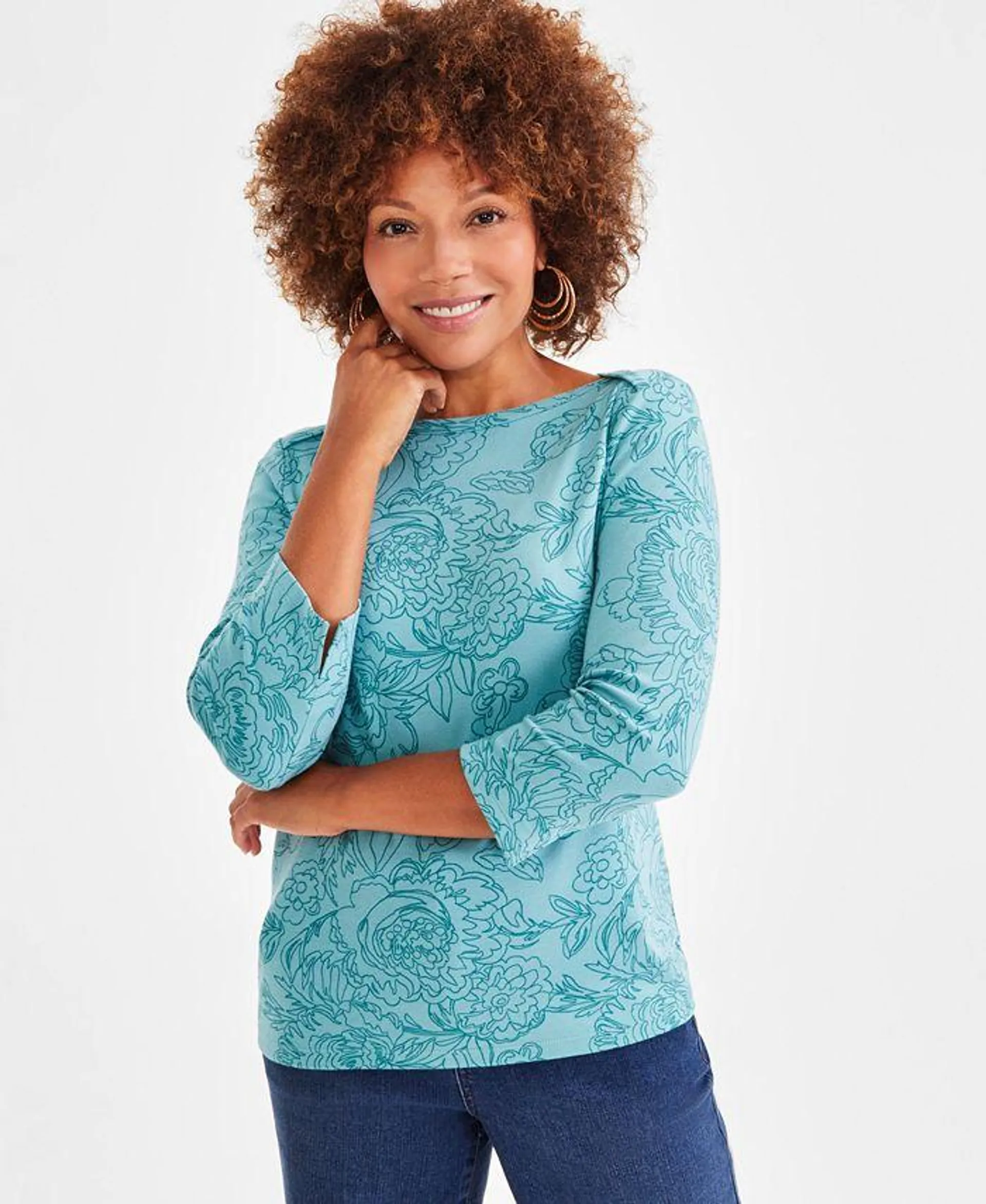 Women's Pima Cotton Printed 3/4-Sleeve Top, Created for Macy's